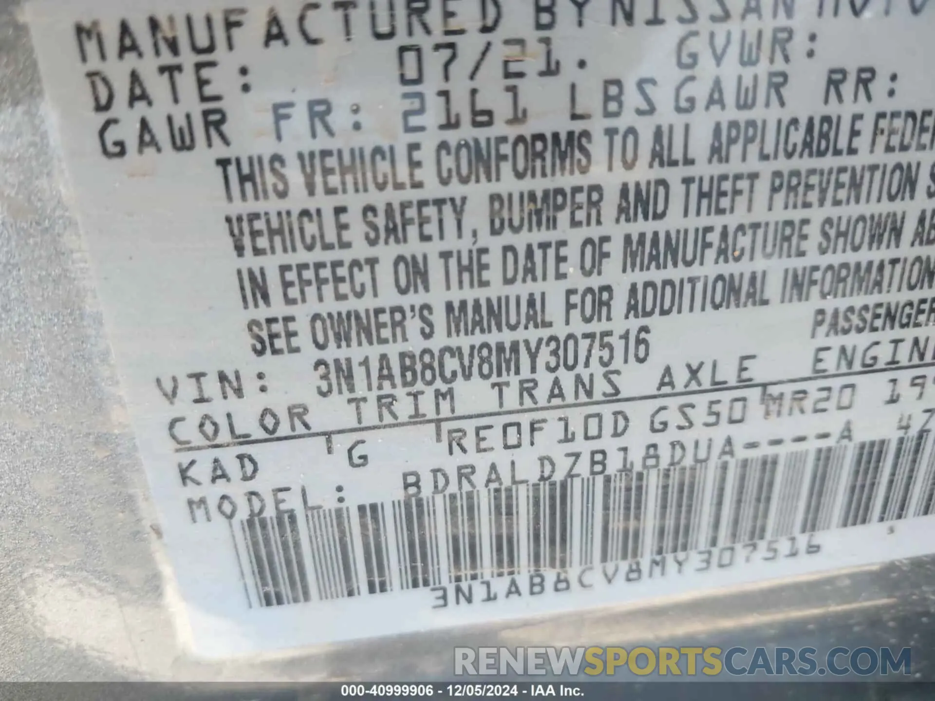 9 fotografías del automóvil dañado 3N1AB8CV8MY307516 NISSAN SENTRA 2021