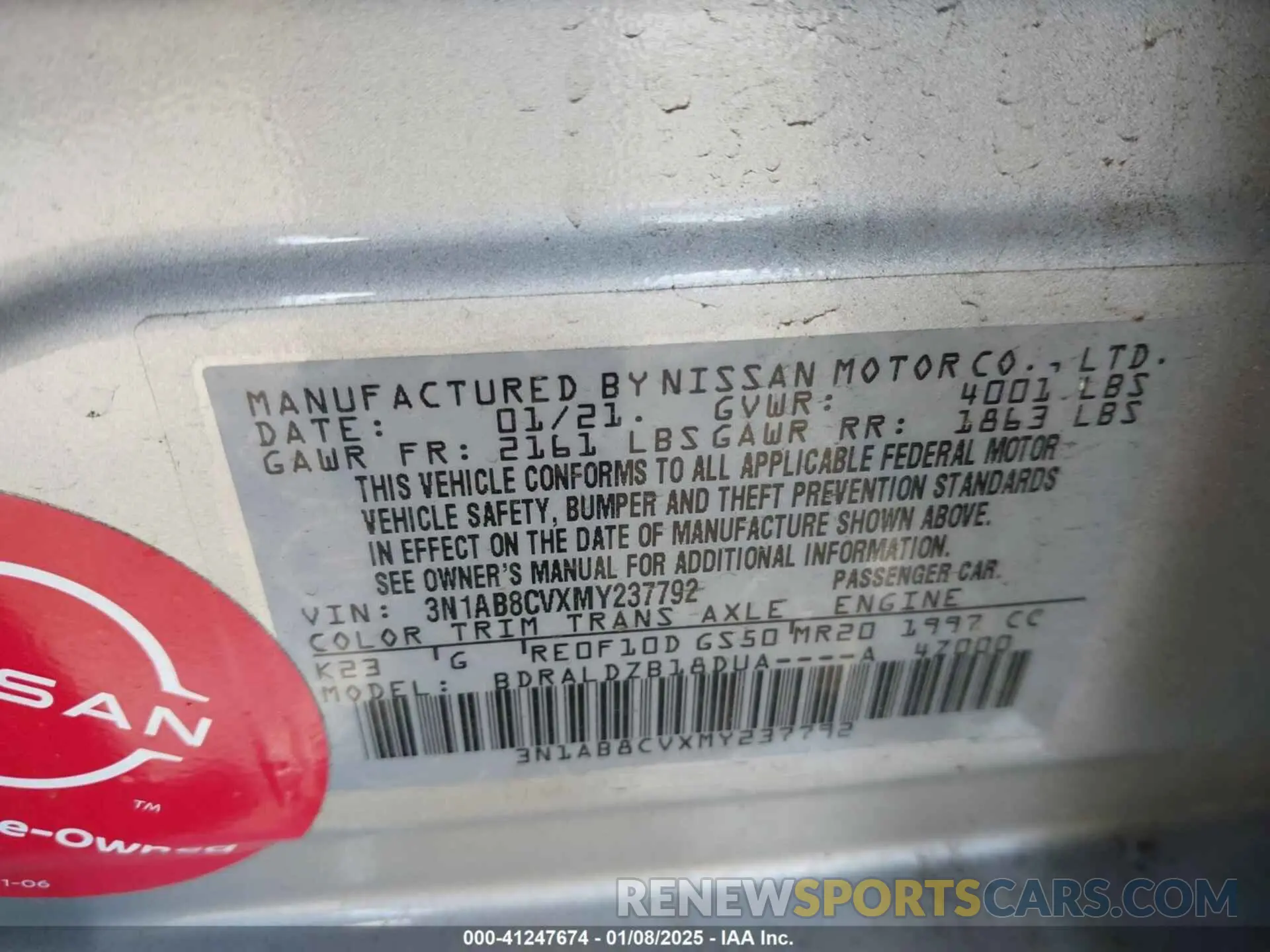 9 fotografías del automóvil dañado 3N1AB8CVXMY237792 NISSAN SENTRA 2021