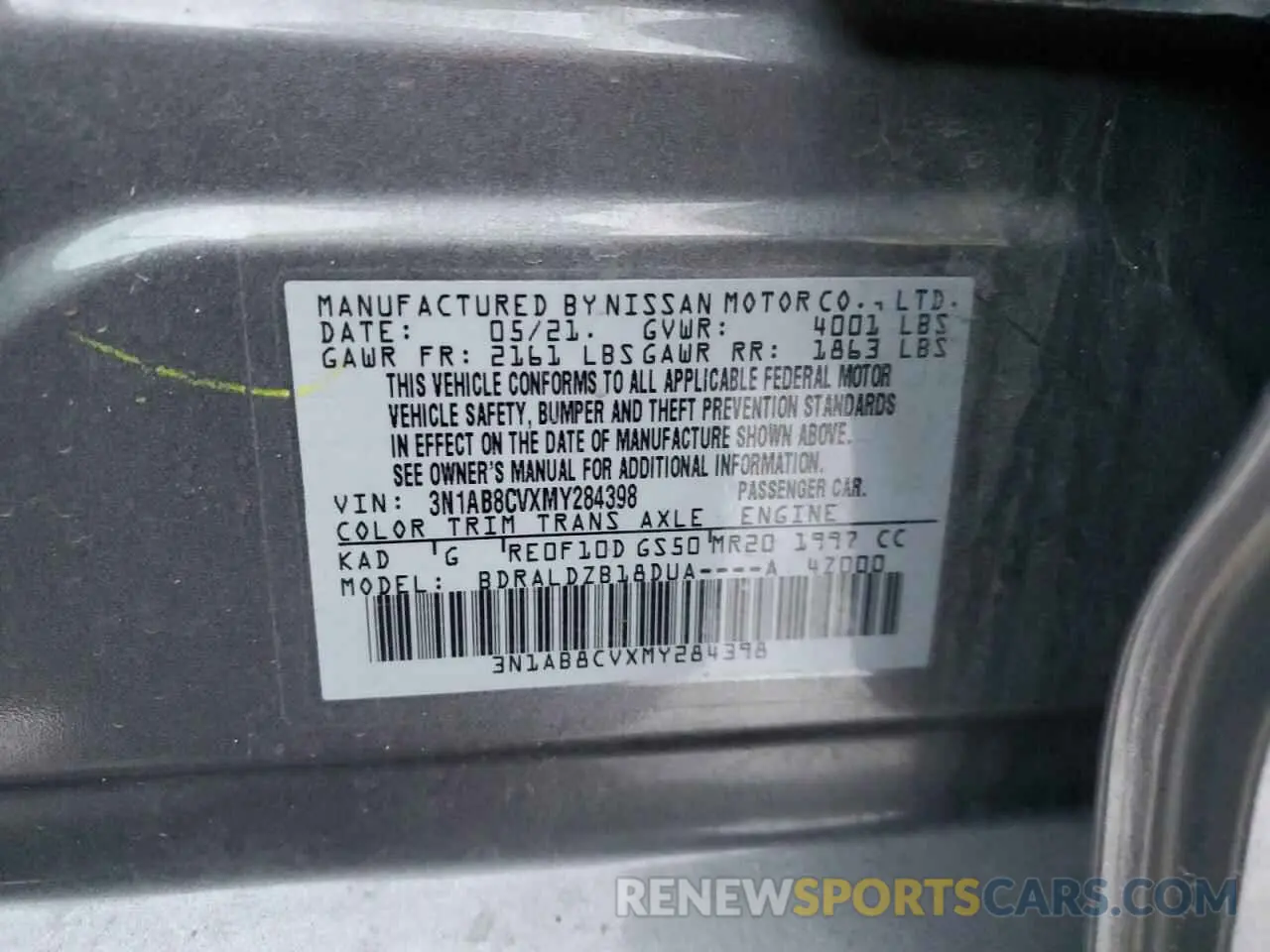 14 fotografías del automóvil dañado 3N1AB8CVXMY284398 NISSAN SENTRA 2021