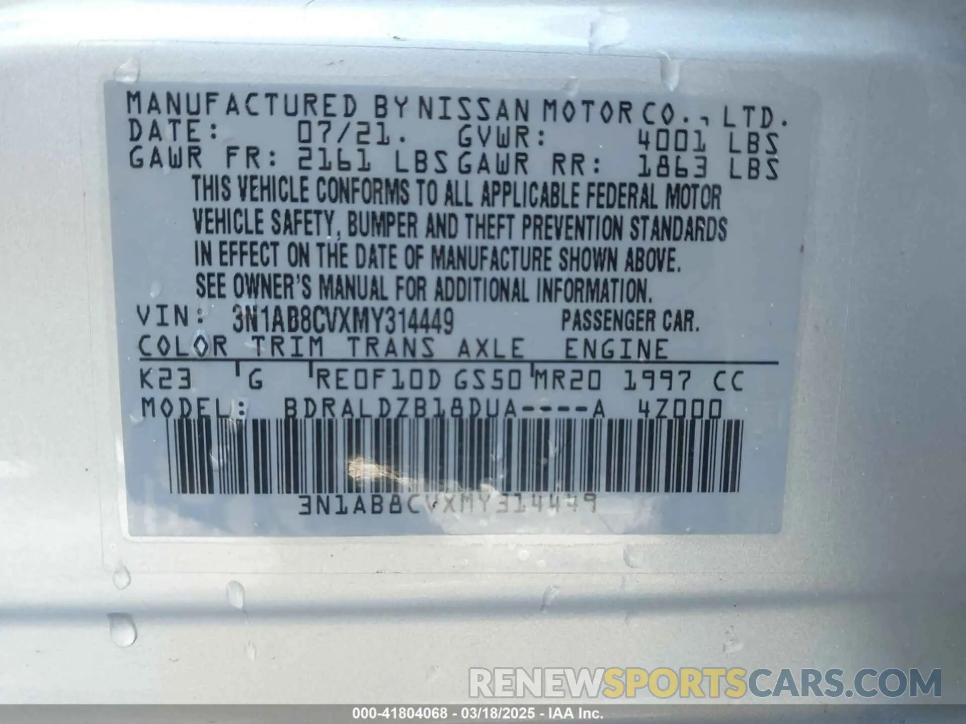 9 fotografías del automóvil dañado 3N1AB8CVXMY314449 NISSAN SENTRA 2021