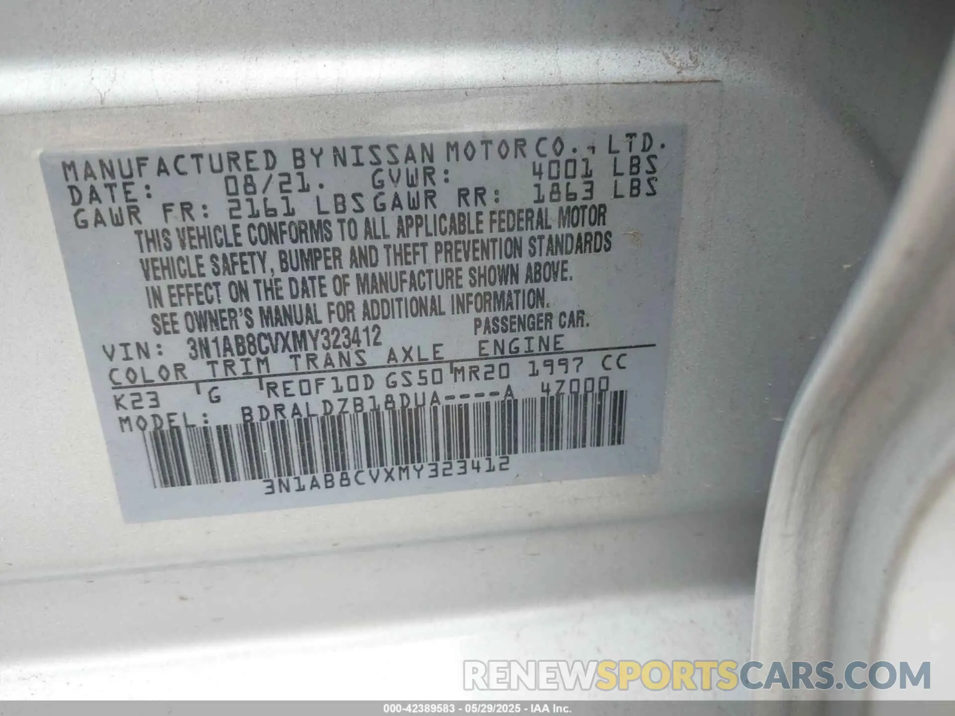 9 fotografías del automóvil dañado 3N1AB8CVXMY323412 NISSAN SENTRA 2021