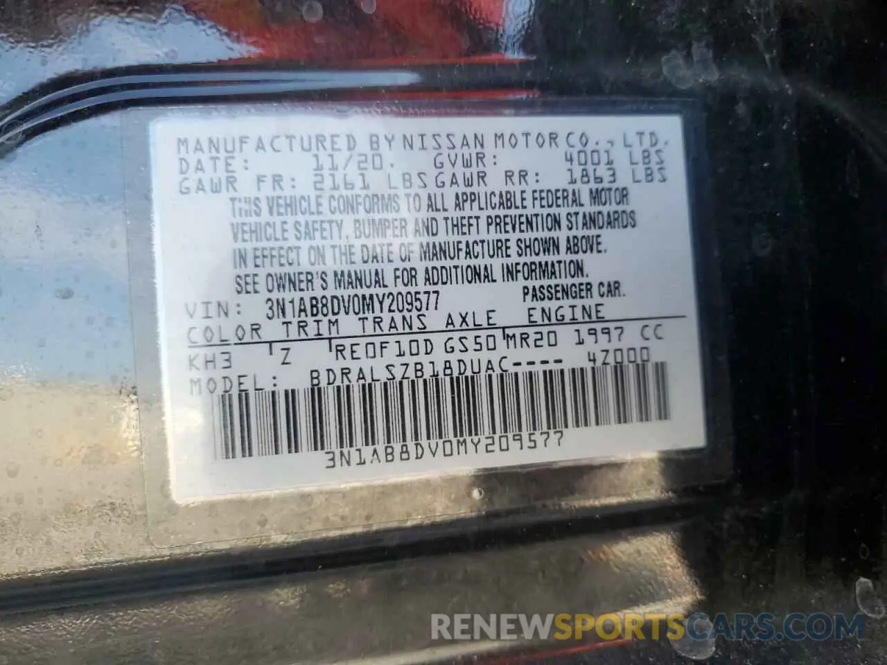 12 fotografías del automóvil dañado 3N1AB8DV0MY209577 NISSAN SENTRA 2021