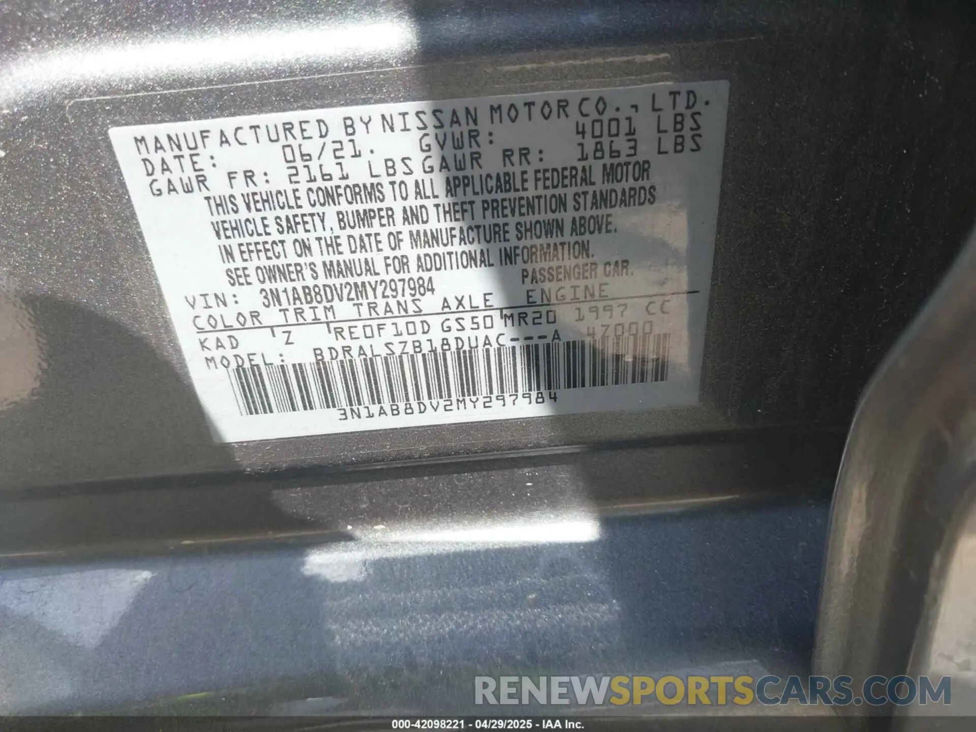 9 fotografías del automóvil dañado 3N1AB8DV2MY297984 NISSAN SENTRA 2021