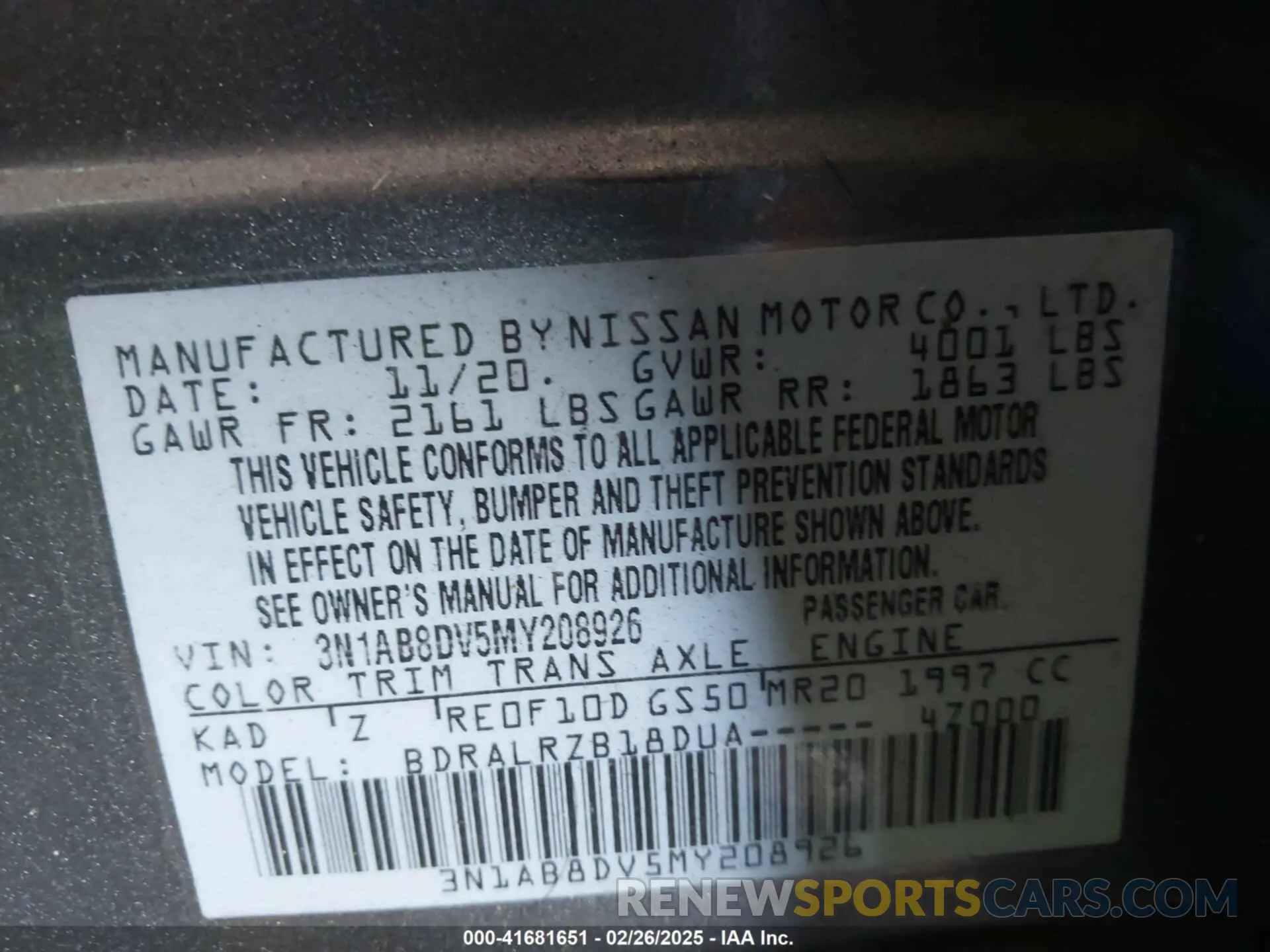 9 fotografías del automóvil dañado 3N1AB8DV5MY208926 NISSAN SENTRA 2021