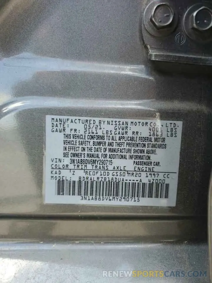 12 fotografías del automóvil dañado 3N1AB8DV6MY290715 NISSAN SENTRA 2021