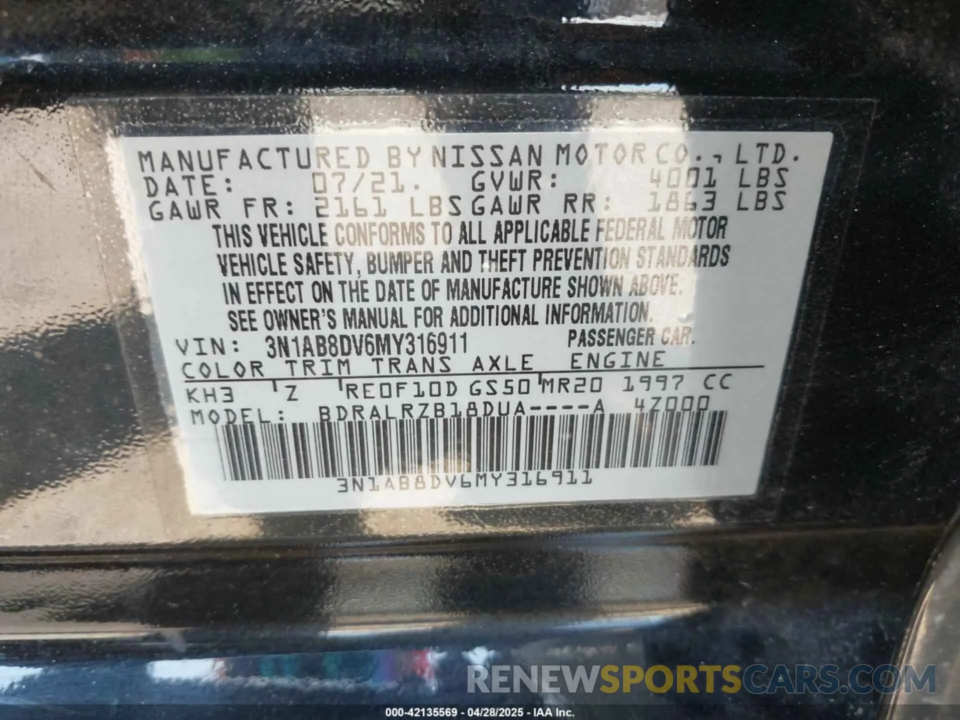 9 fotografías del automóvil dañado 3N1AB8DV6MY316911 NISSAN SENTRA 2021
