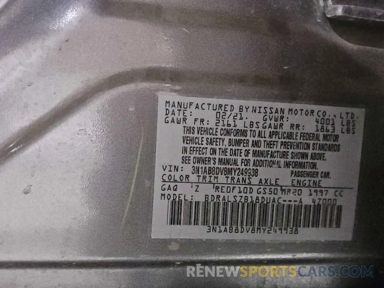 12 fotografías del automóvil dañado 3N1AB8DV8MY249938 NISSAN SENTRA 2021