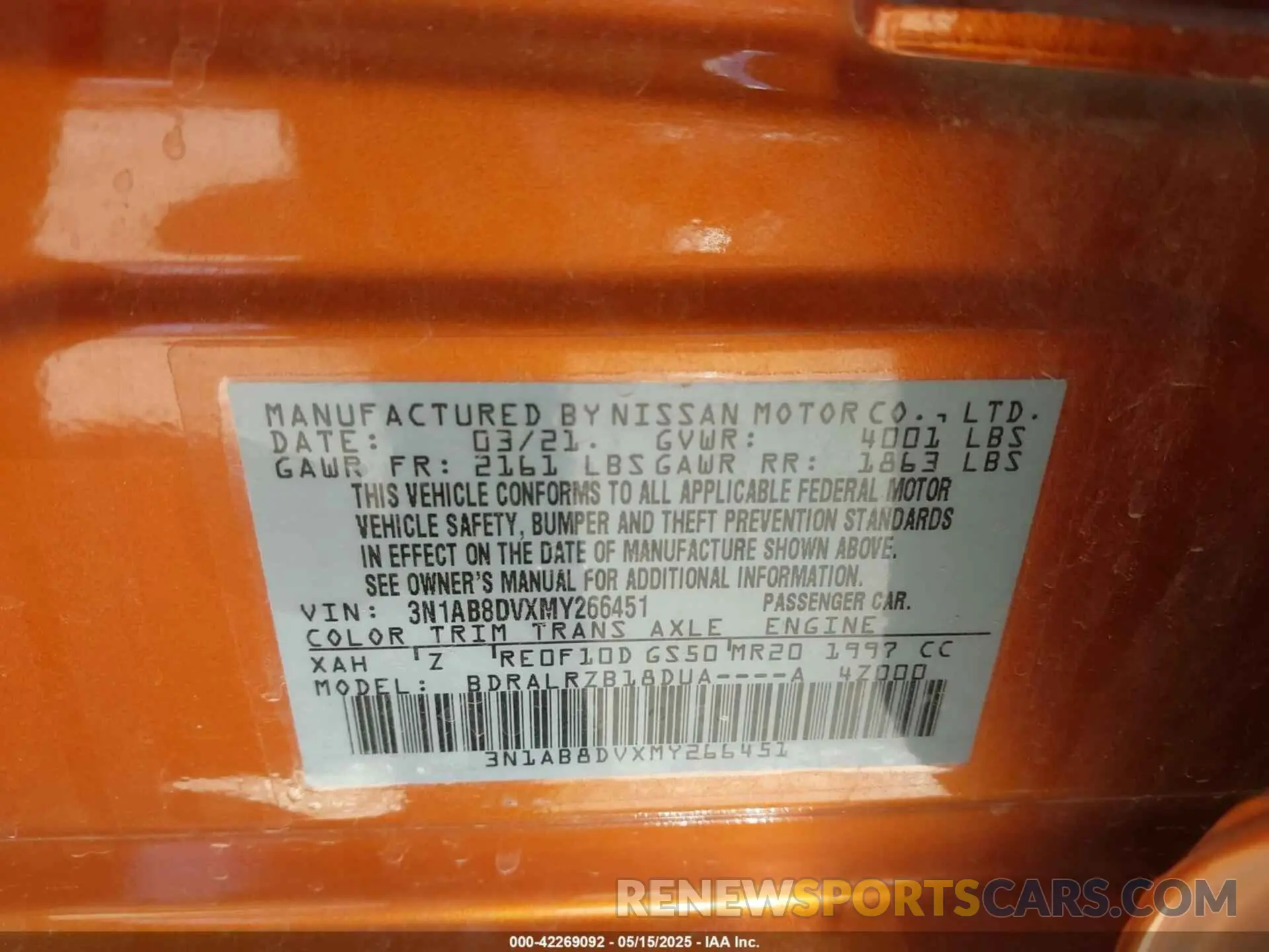 9 fotografías del automóvil dañado 3N1AB8DVXMY266451 NISSAN SENTRA 2021