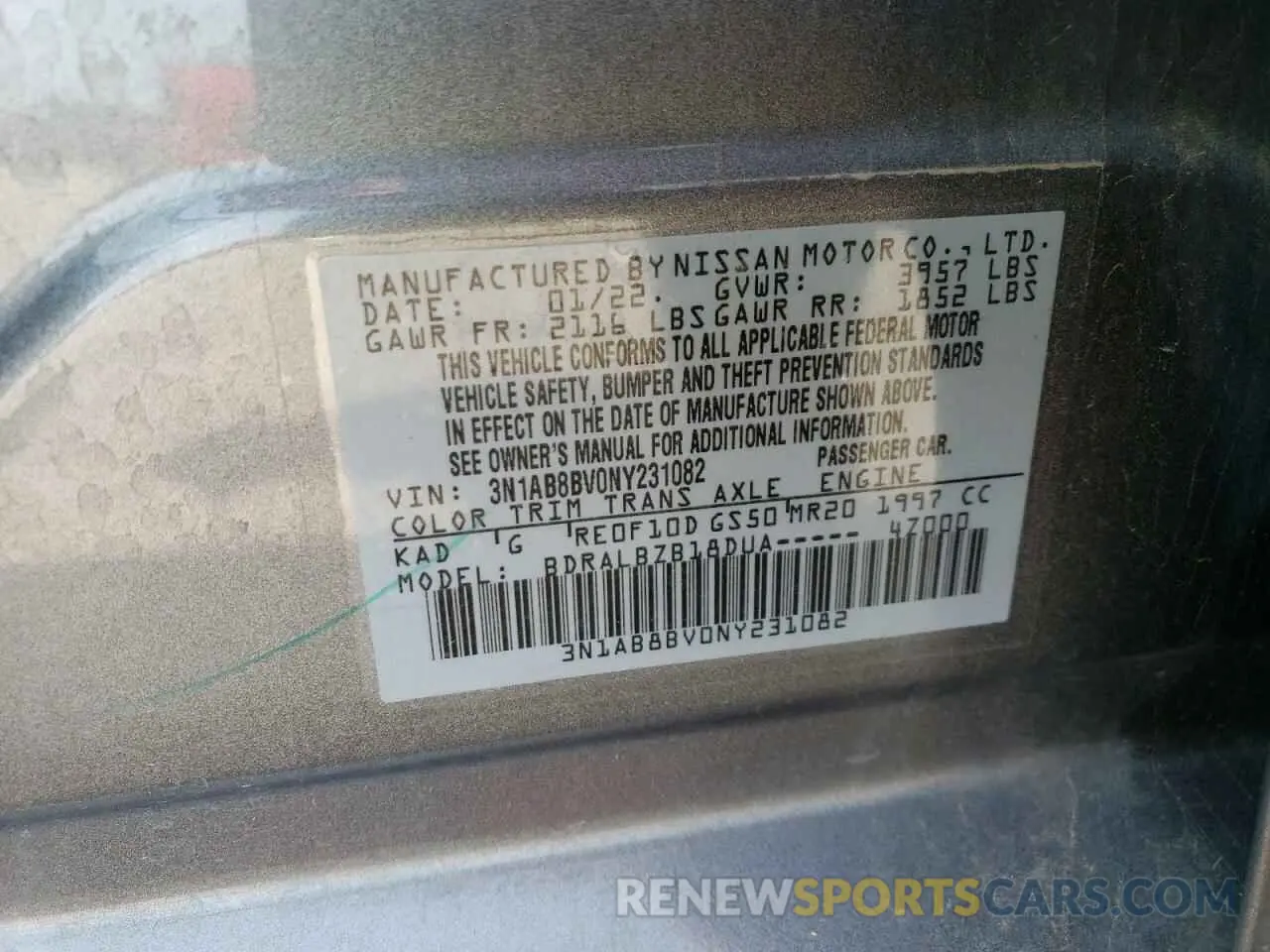 12 fotografías del automóvil dañado 3N1AB8BV0NY231082 NISSAN SENTRA 2022