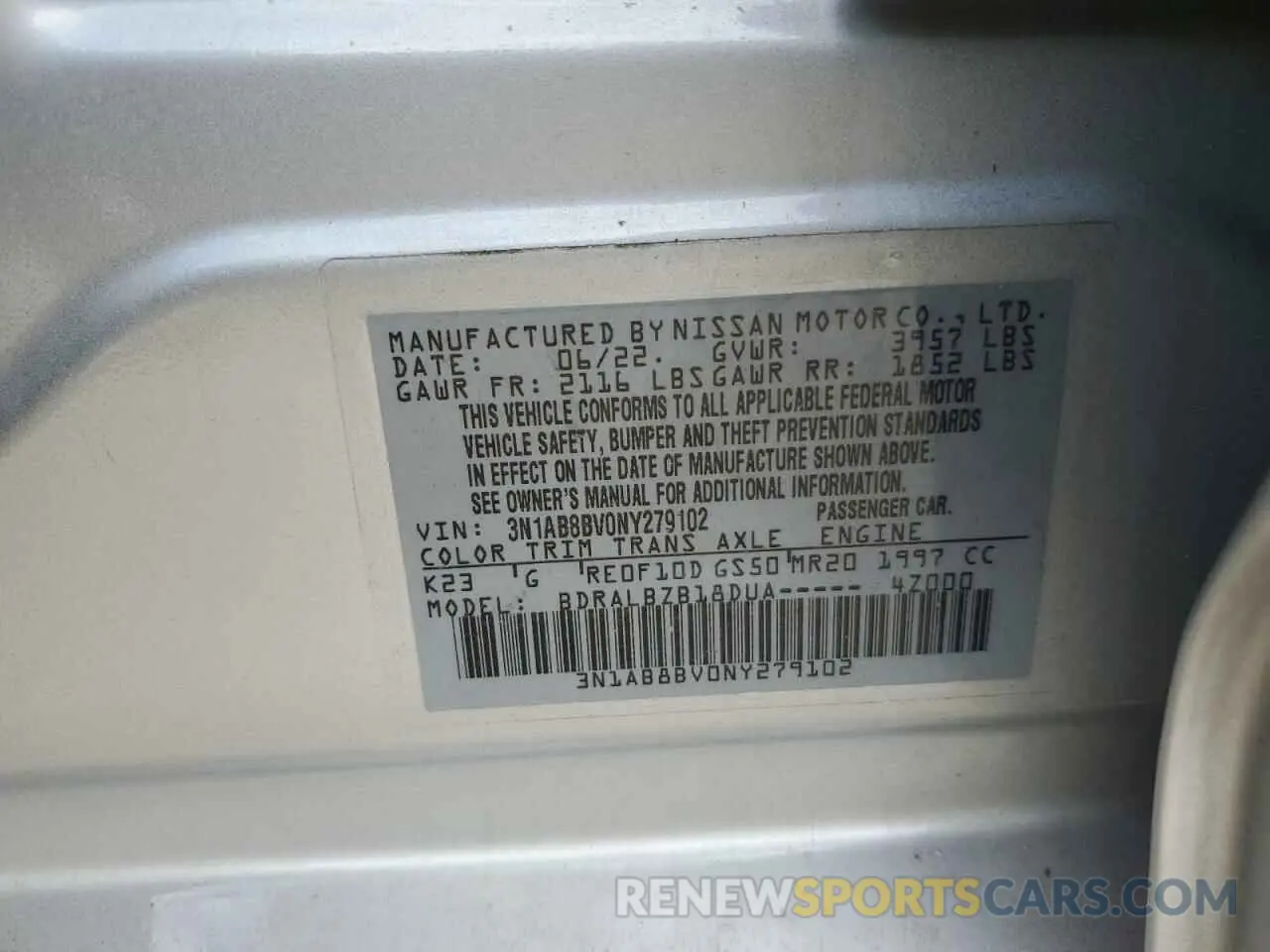 12 fotografías del automóvil dañado 3N1AB8BV0NY279102 NISSAN SENTRA 2022