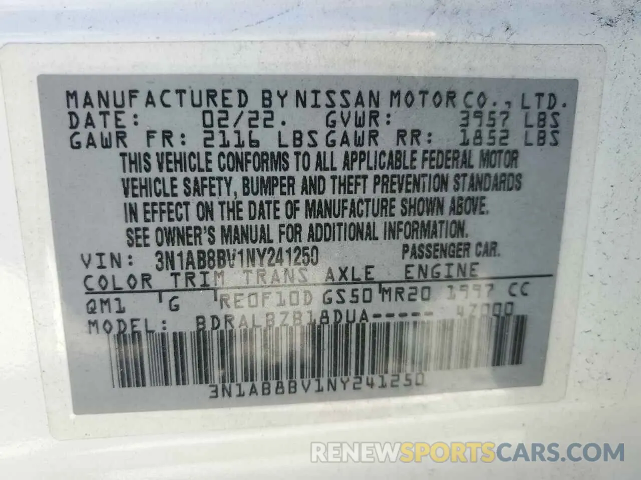 12 fotografías del automóvil dañado 3N1AB8BV1NY241250 NISSAN SENTRA 2022