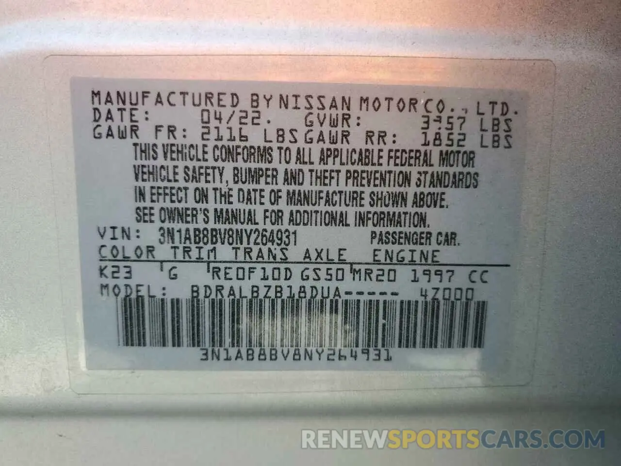 12 fotografías del automóvil dañado 3N1AB8BV8NY264931 NISSAN SENTRA 2022