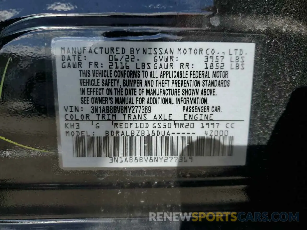 12 fotografías del automóvil dañado 3N1AB8BV8NY277369 NISSAN SENTRA 2022