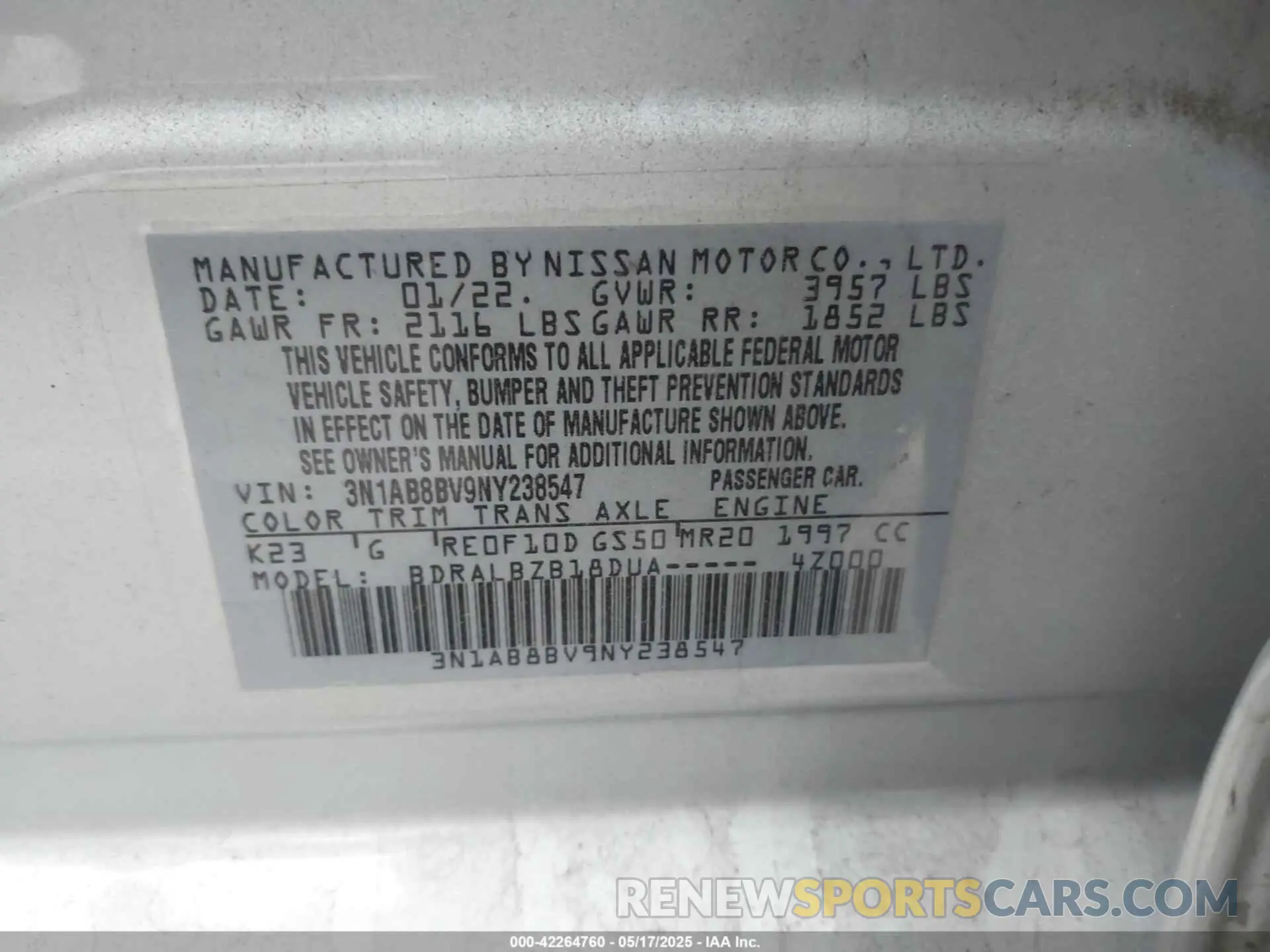 9 fotografías del automóvil dañado 3N1AB8BV9NY238547 NISSAN SENTRA 2022