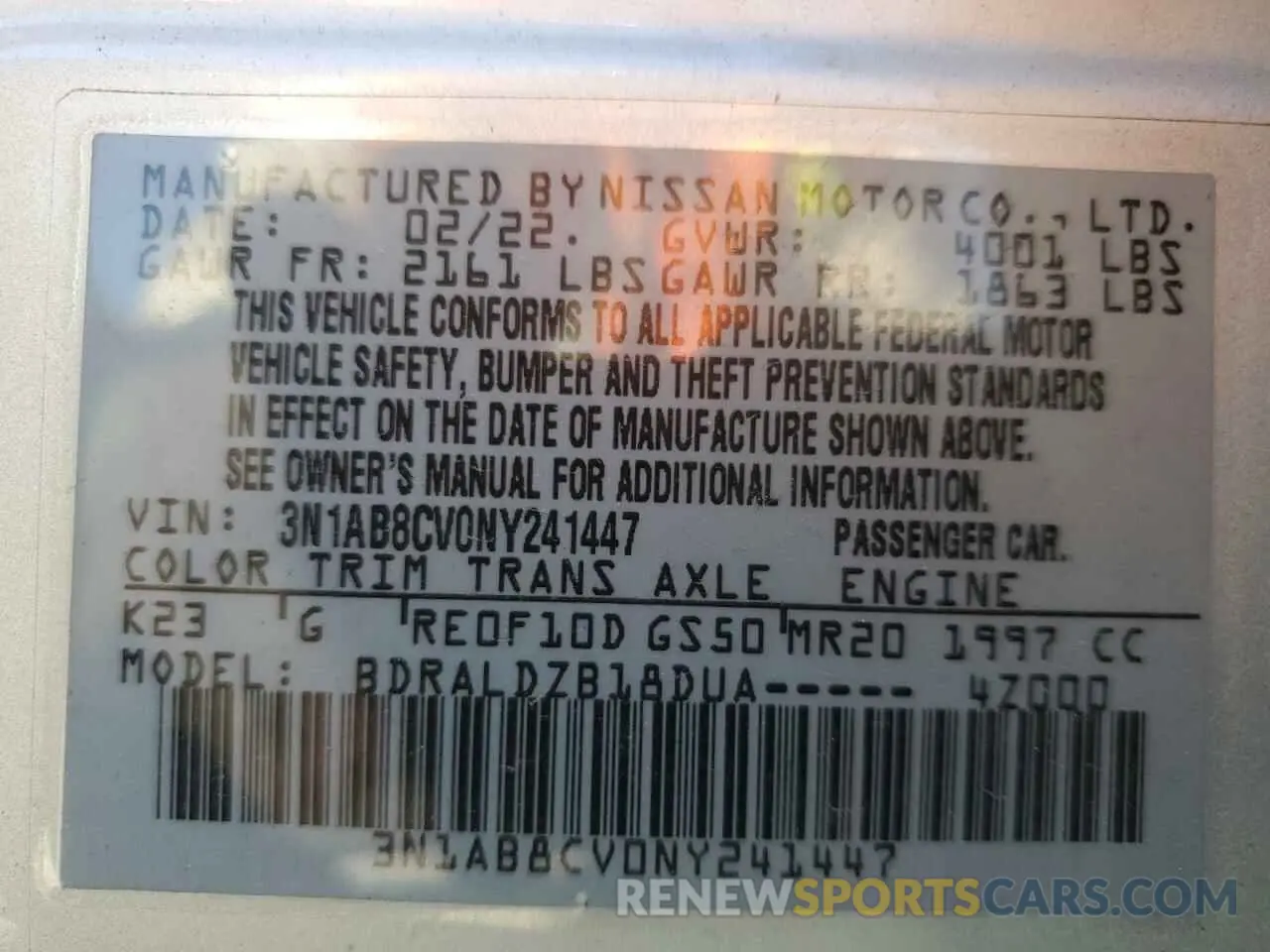 14 fotografías del automóvil dañado 3N1AB8CV0NY241447 NISSAN SENTRA 2022