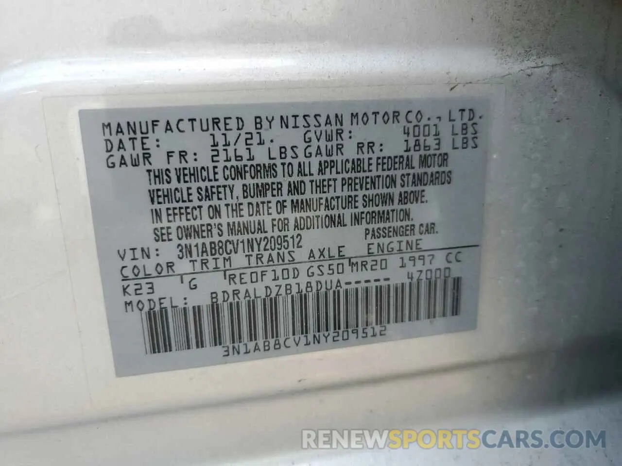 13 fotografías del automóvil dañado 3N1AB8CV1NY209512 NISSAN SENTRA 2022