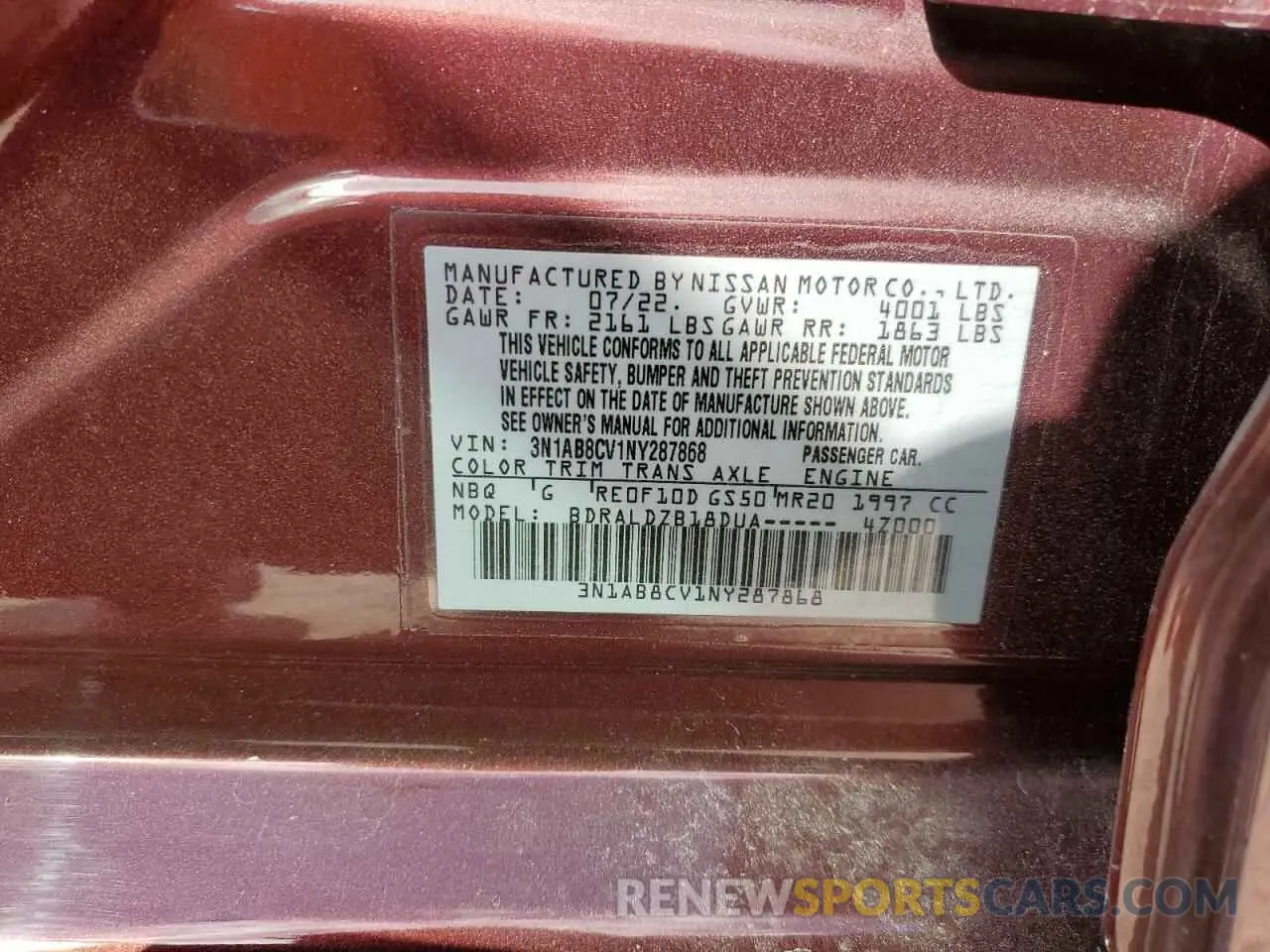 12 fotografías del automóvil dañado 3N1AB8CV1NY287868 NISSAN SENTRA 2022