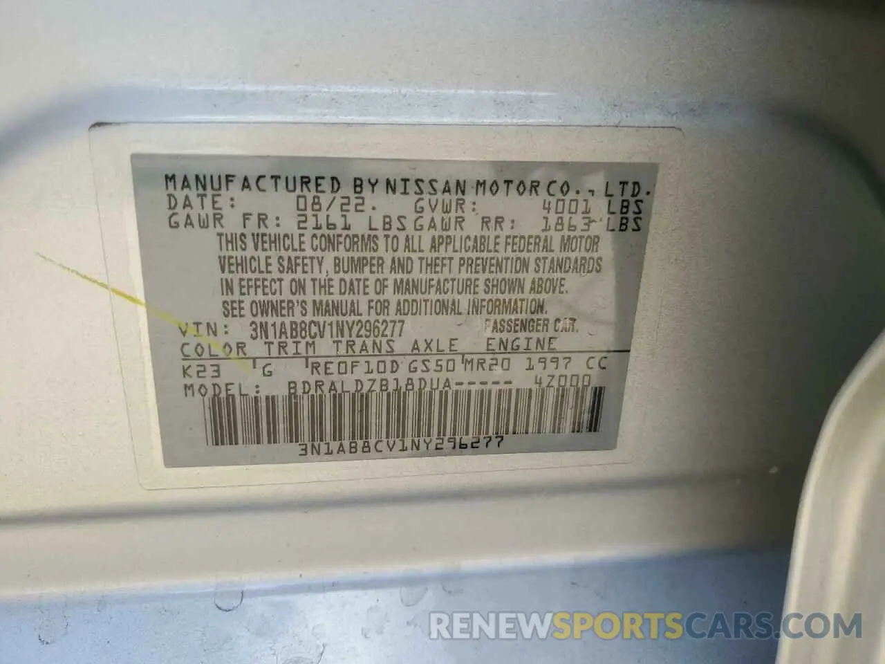 14 fotografías del automóvil dañado 3N1AB8CV1NY296277 NISSAN SENTRA 2022