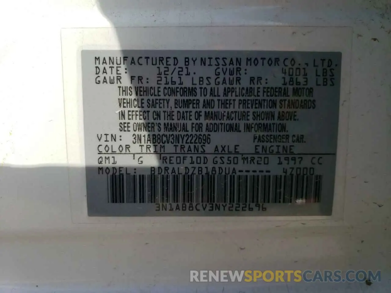 12 fotografías del automóvil dañado 3N1AB8CV3NY222696 NISSAN SENTRA 2022