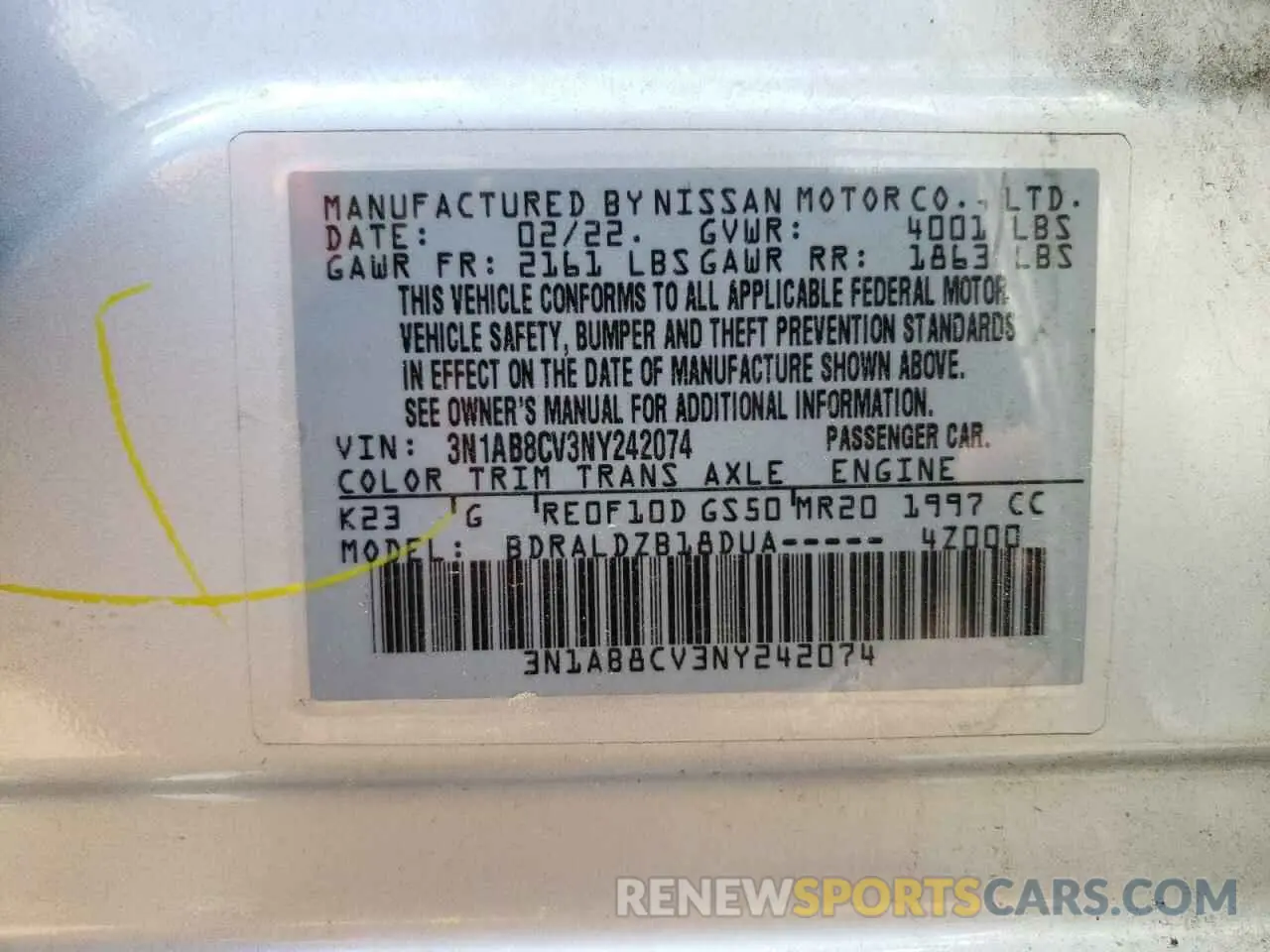 12 fotografías del automóvil dañado 3N1AB8CV3NY242074 NISSAN SENTRA 2022