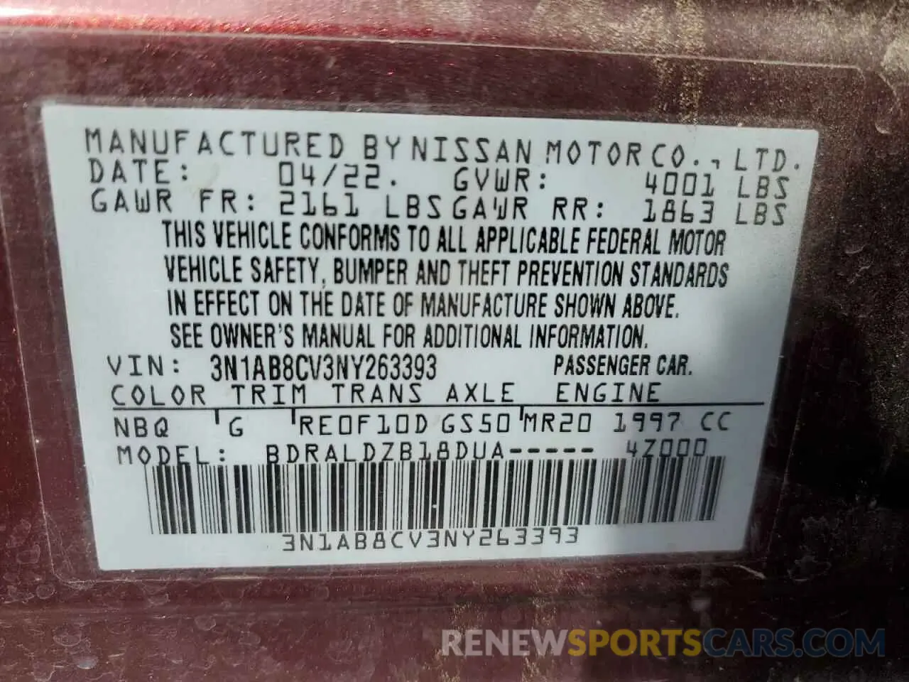 12 fotografías del automóvil dañado 3N1AB8CV3NY263393 NISSAN SENTRA 2022