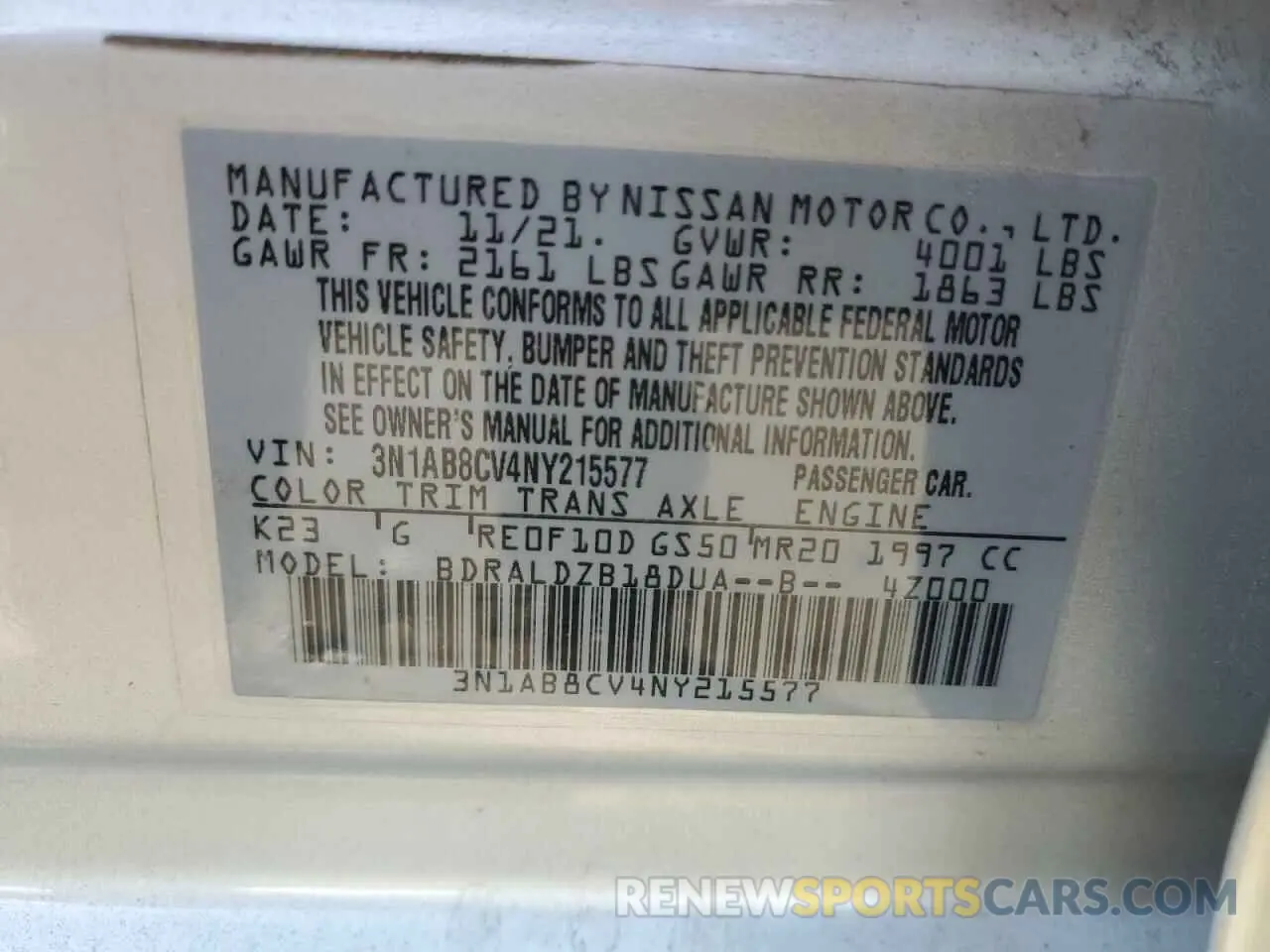 12 fotografías del automóvil dañado 3N1AB8CV4NY215577 NISSAN SENTRA 2022