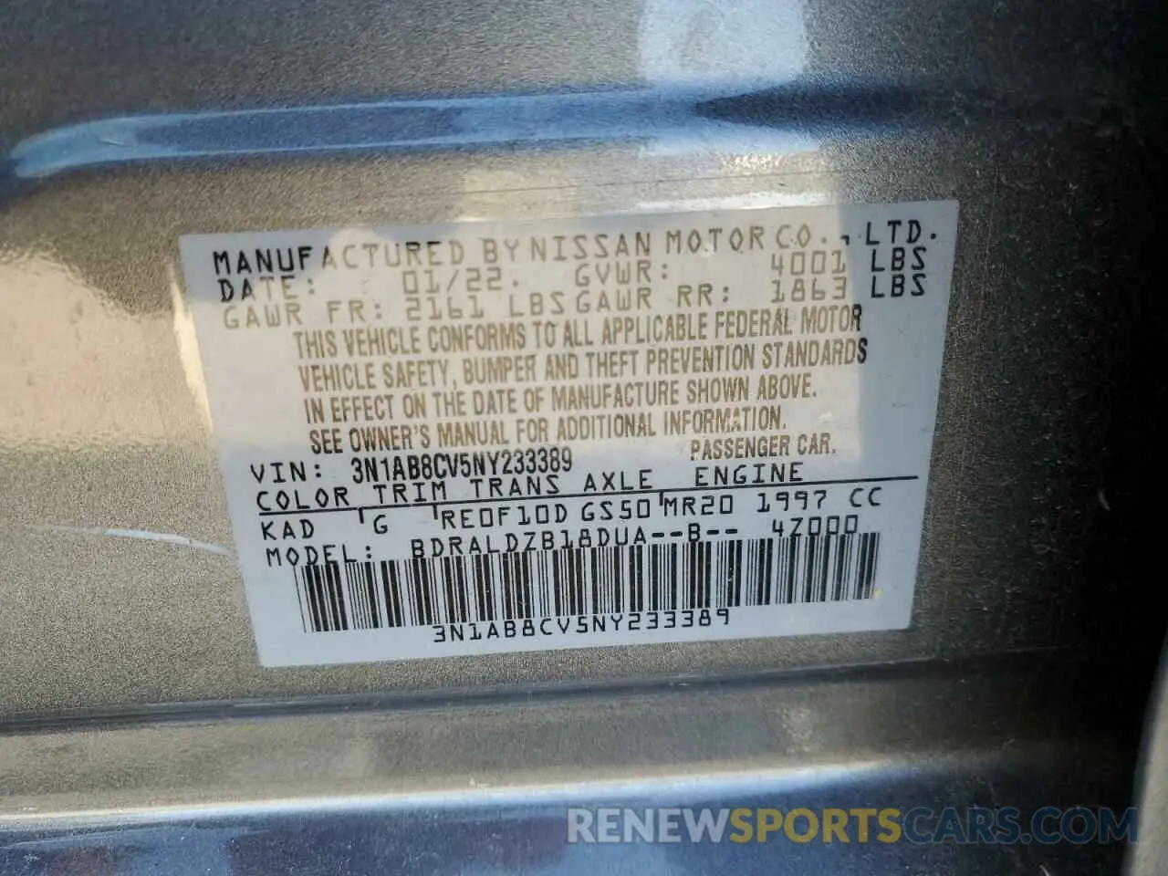 12 fotografías del automóvil dañado 3N1AB8CV5NY233389 NISSAN SENTRA 2022