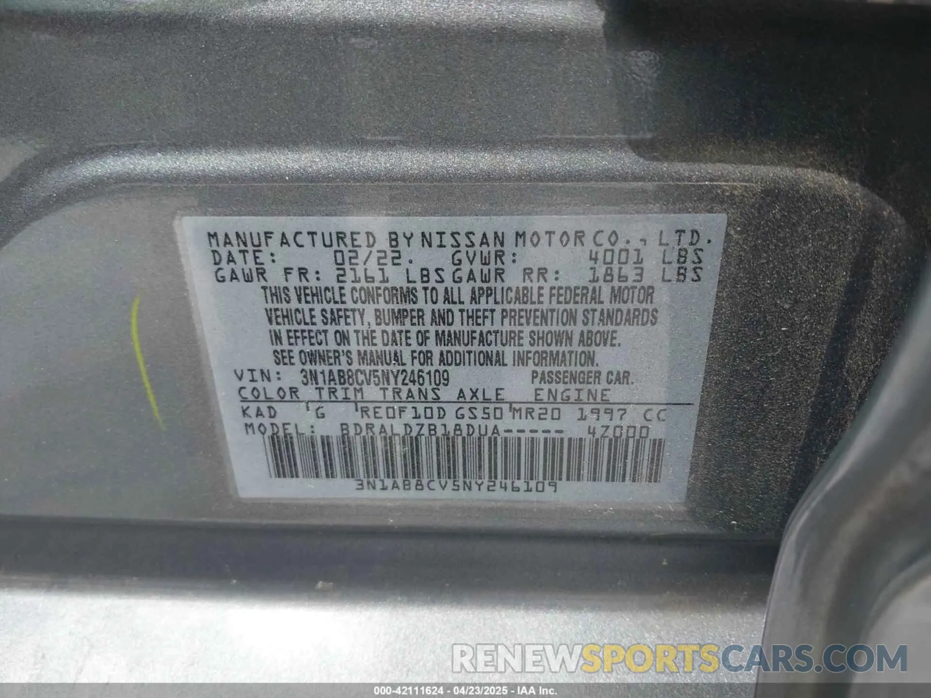 9 fotografías del automóvil dañado 3N1AB8CV5NY246109 NISSAN SENTRA 2022