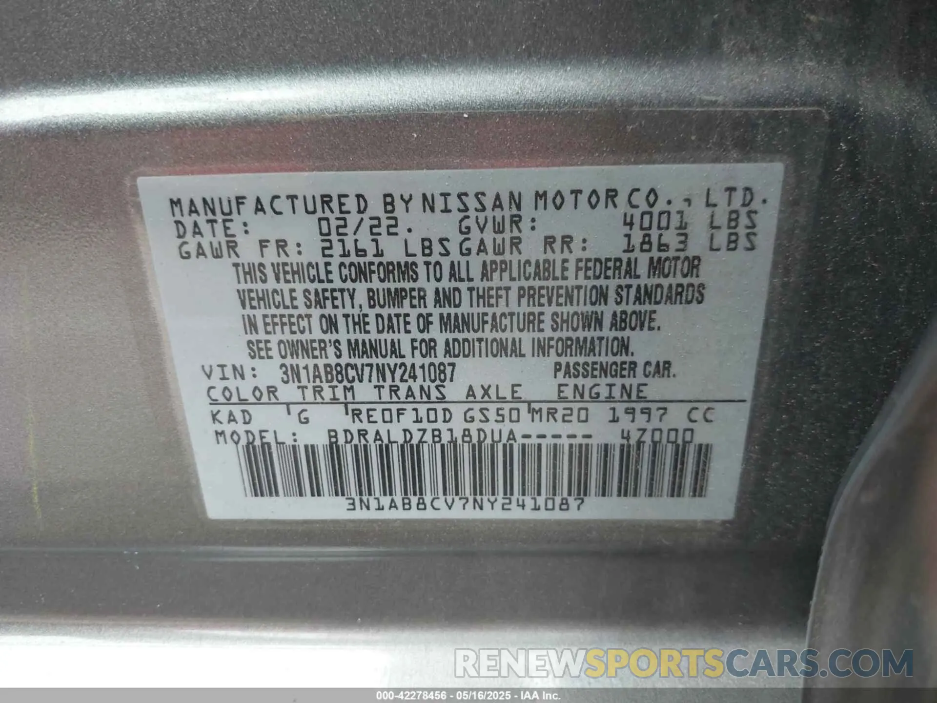 9 fotografías del automóvil dañado 3N1AB8CV7NY241087 NISSAN SENTRA 2022