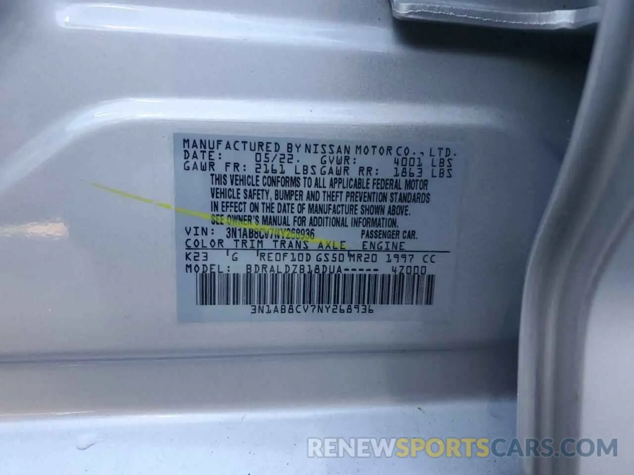 12 fotografías del automóvil dañado 3N1AB8CV7NY268936 NISSAN SENTRA 2022