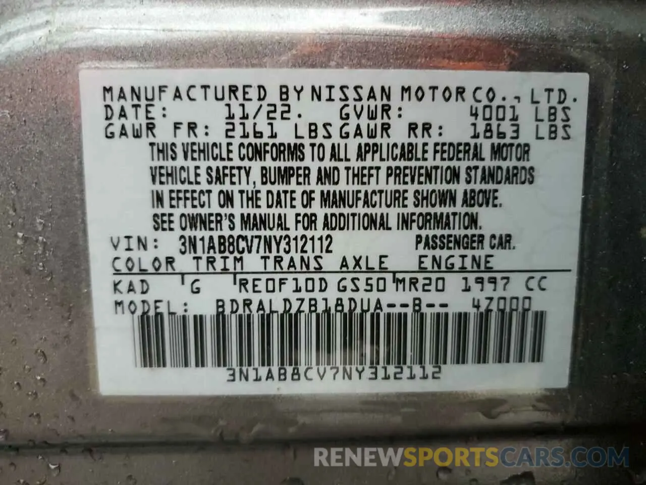 13 fotografías del automóvil dañado 3N1AB8CV7NY312112 NISSAN SENTRA 2022