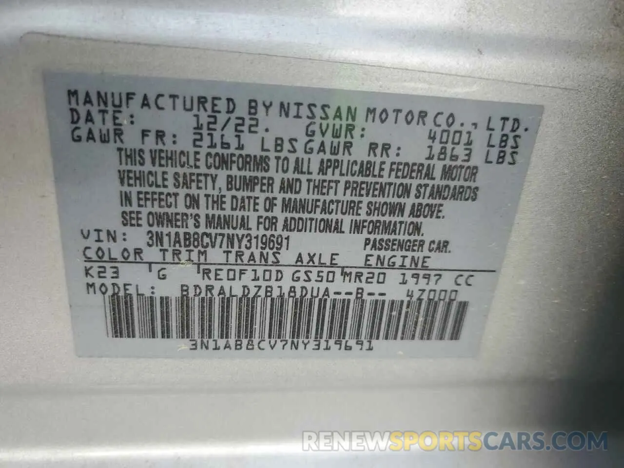 14 fotografías del automóvil dañado 3N1AB8CV7NY319691 NISSAN SENTRA 2022