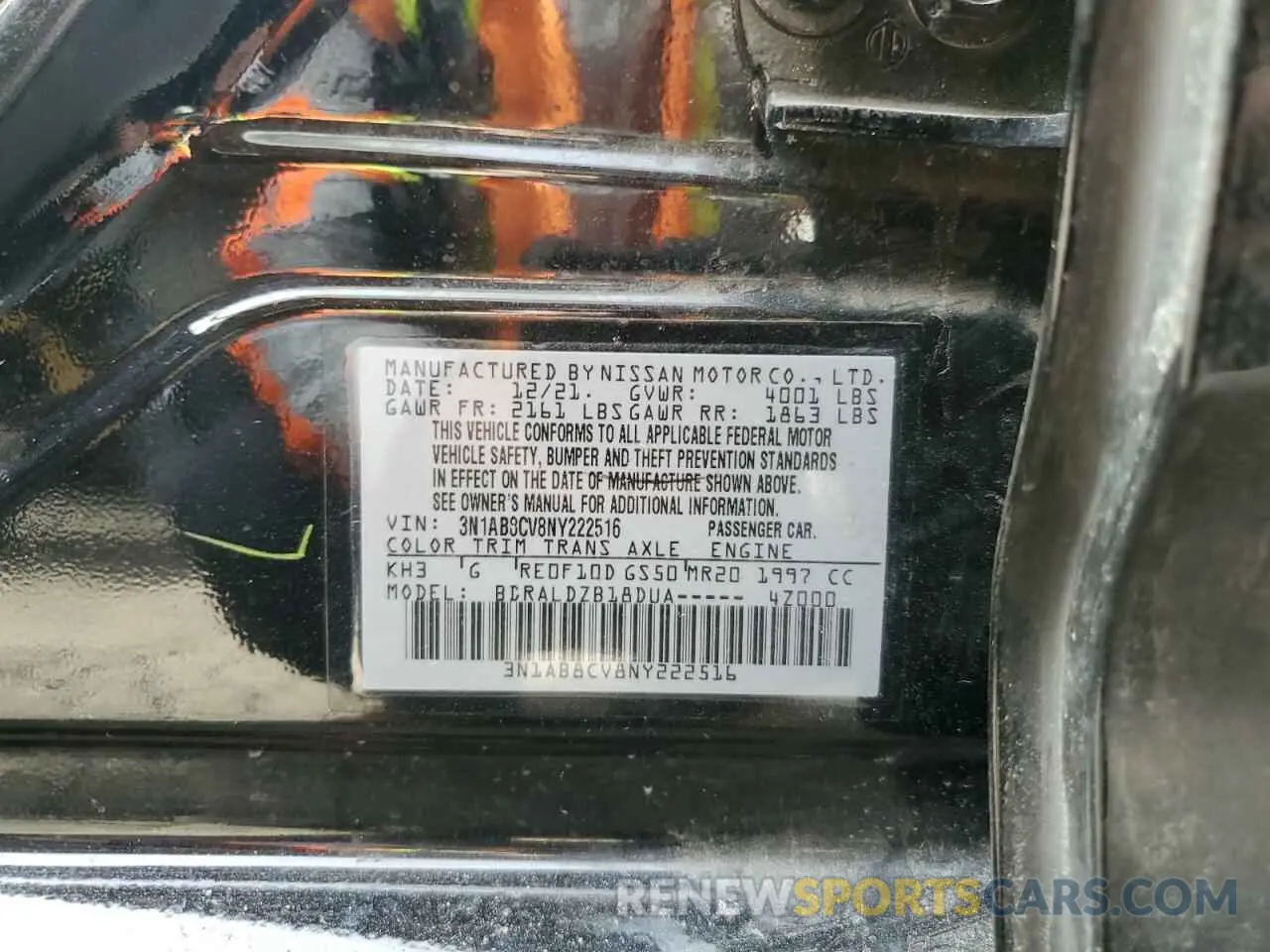 12 fotografías del automóvil dañado 3N1AB8CV8NY222516 NISSAN SENTRA 2022