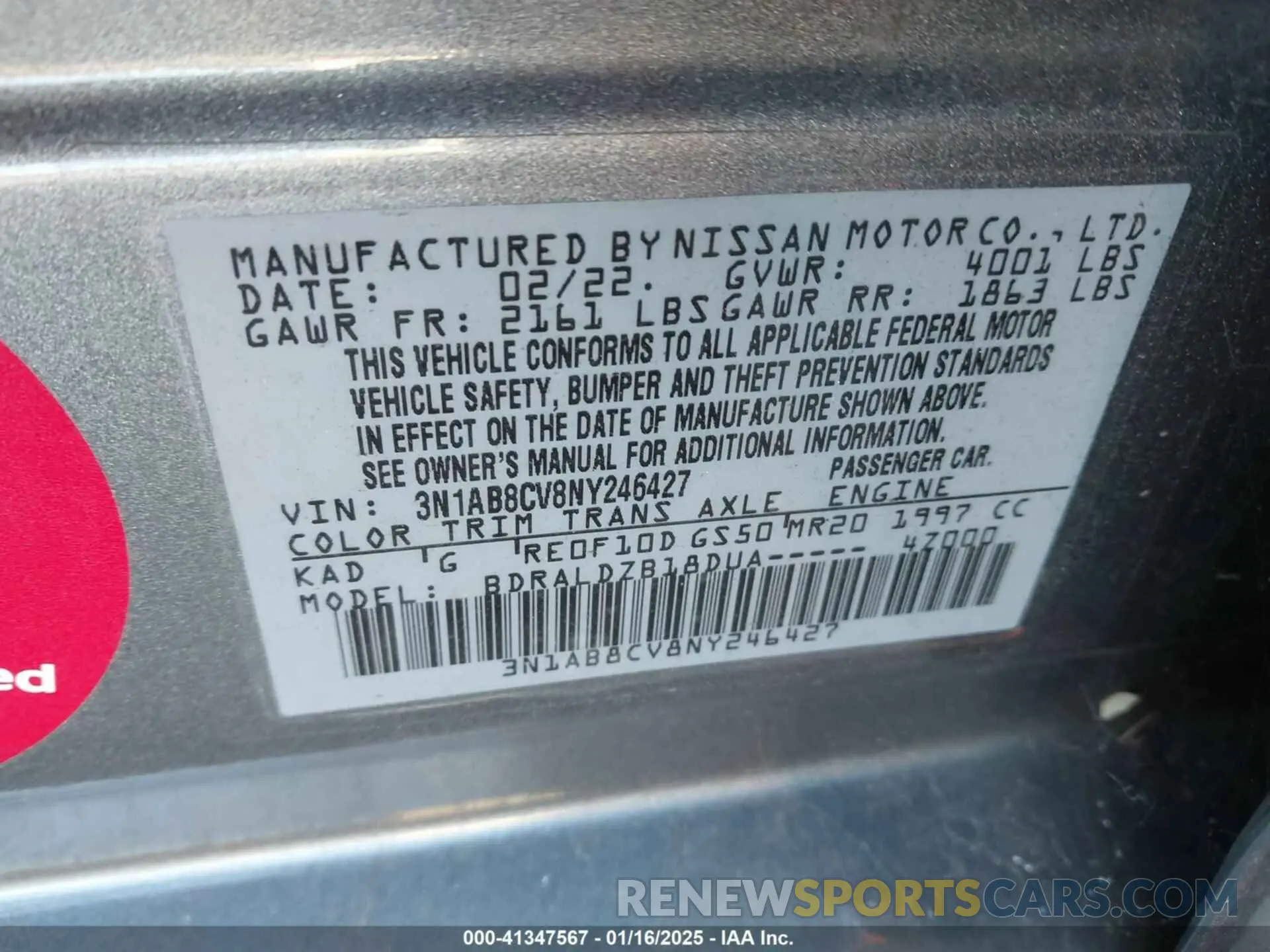 9 fotografías del automóvil dañado 3N1AB8CV8NY246427 NISSAN SENTRA 2022