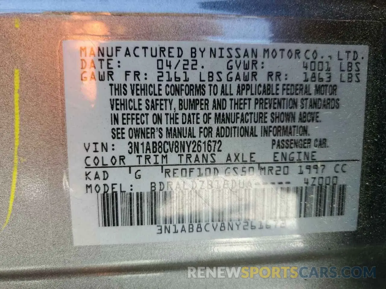 12 fotografías del automóvil dañado 3N1AB8CV8NY261672 NISSAN SENTRA 2022