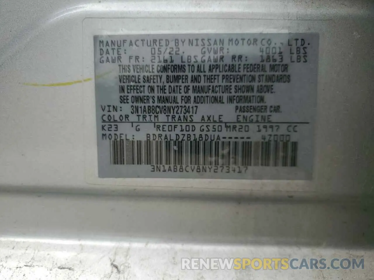 14 fotografías del automóvil dañado 3N1AB8CV8NY273417 NISSAN SENTRA 2022