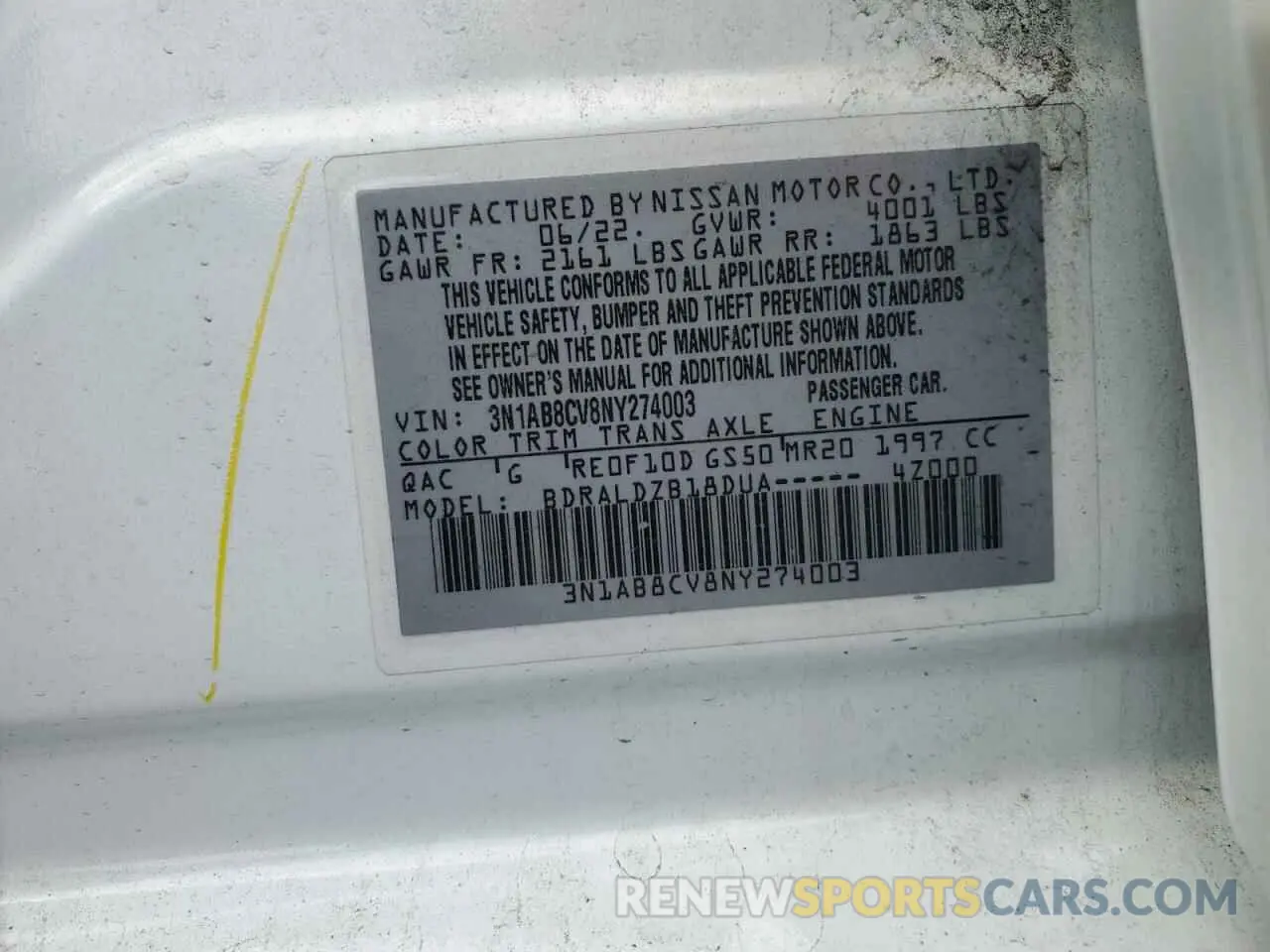 14 fotografías del automóvil dañado 3N1AB8CV8NY274003 NISSAN SENTRA 2022