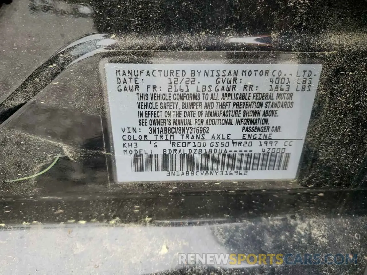 12 fotografías del automóvil dañado 3N1AB8CV8NY316962 NISSAN SENTRA 2022