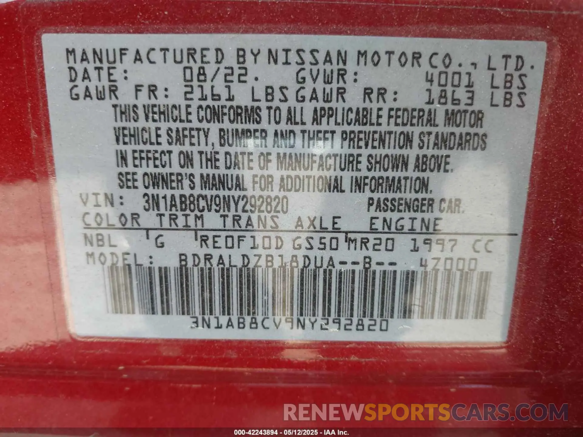 9 fotografías del automóvil dañado 3N1AB8CV9NY292820 NISSAN SENTRA 2022