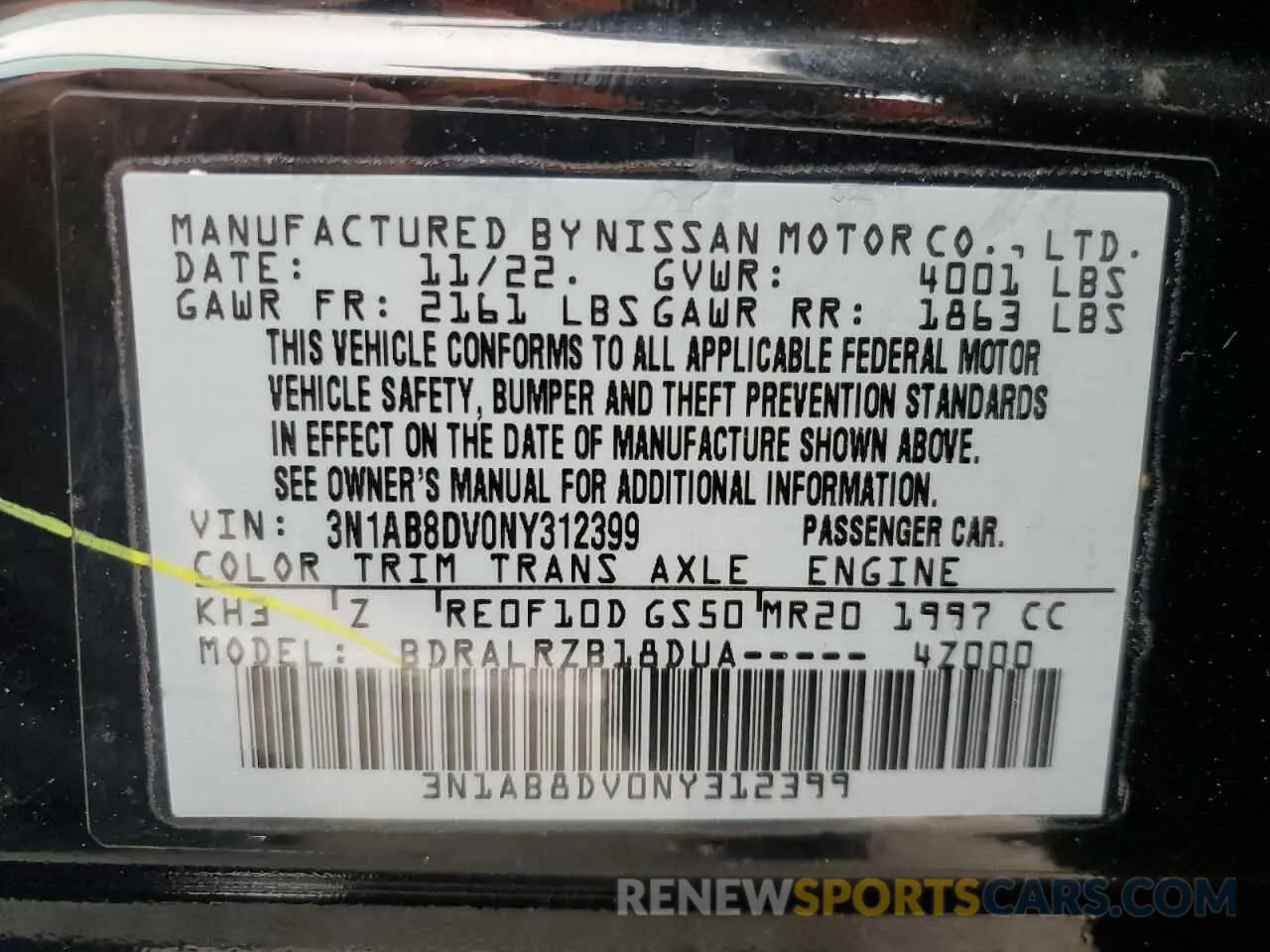 14 fotografías del automóvil dañado 3N1AB8DV0NY312399 NISSAN SENTRA 2022