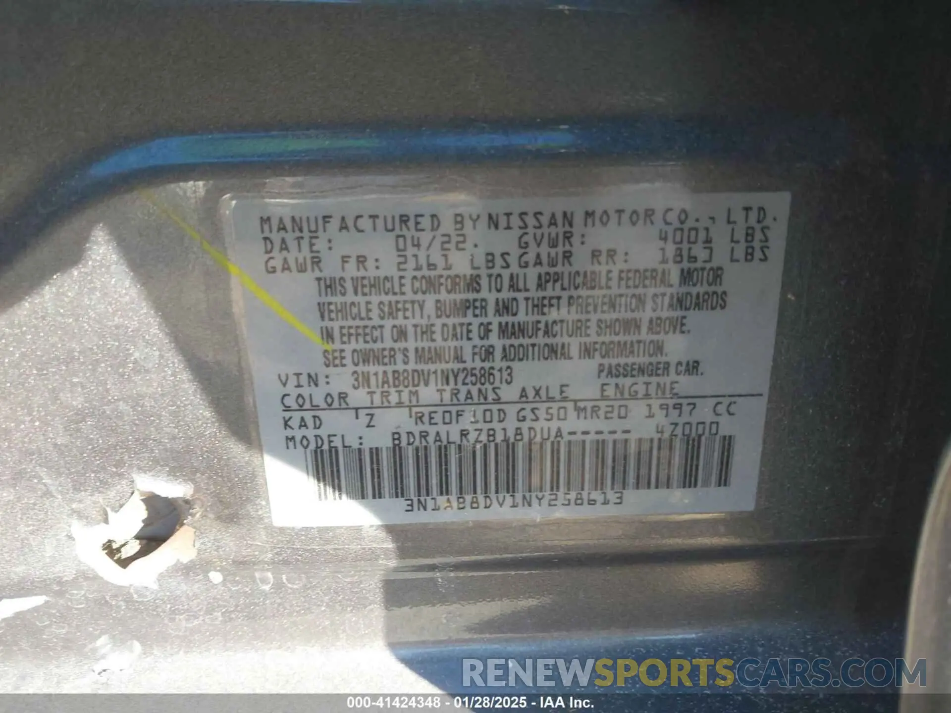 9 fotografías del automóvil dañado 3N1AB8DV1NY258613 NISSAN SENTRA 2022