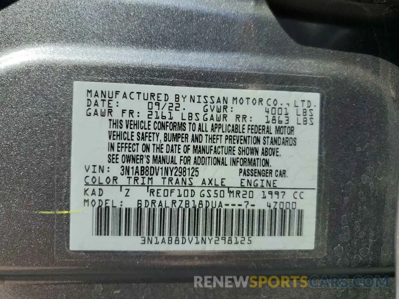 12 fotografías del automóvil dañado 3N1AB8DV1NY298125 NISSAN SENTRA 2022