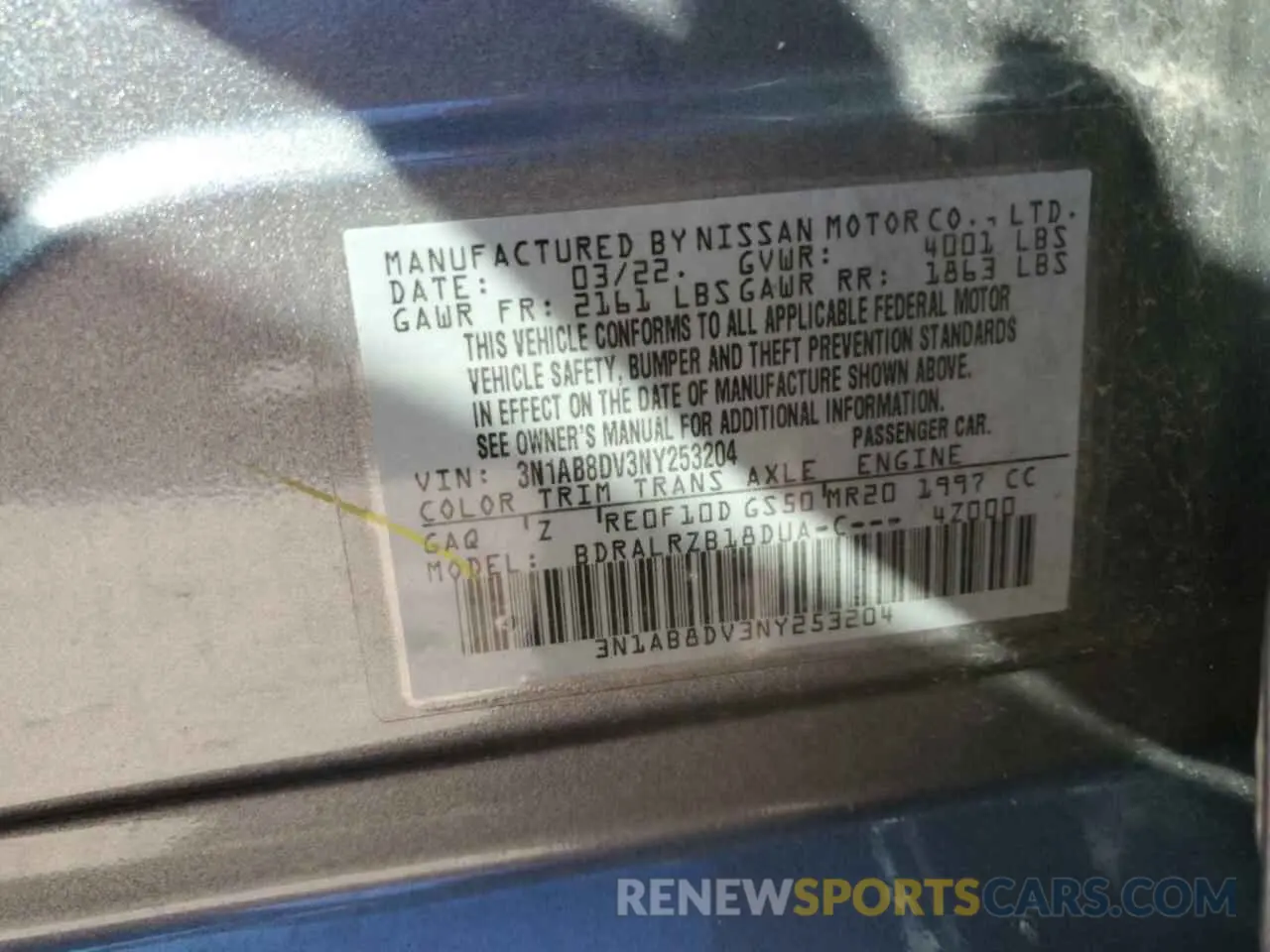 12 fotografías del automóvil dañado 3N1AB8DV3NY253204 NISSAN SENTRA 2022