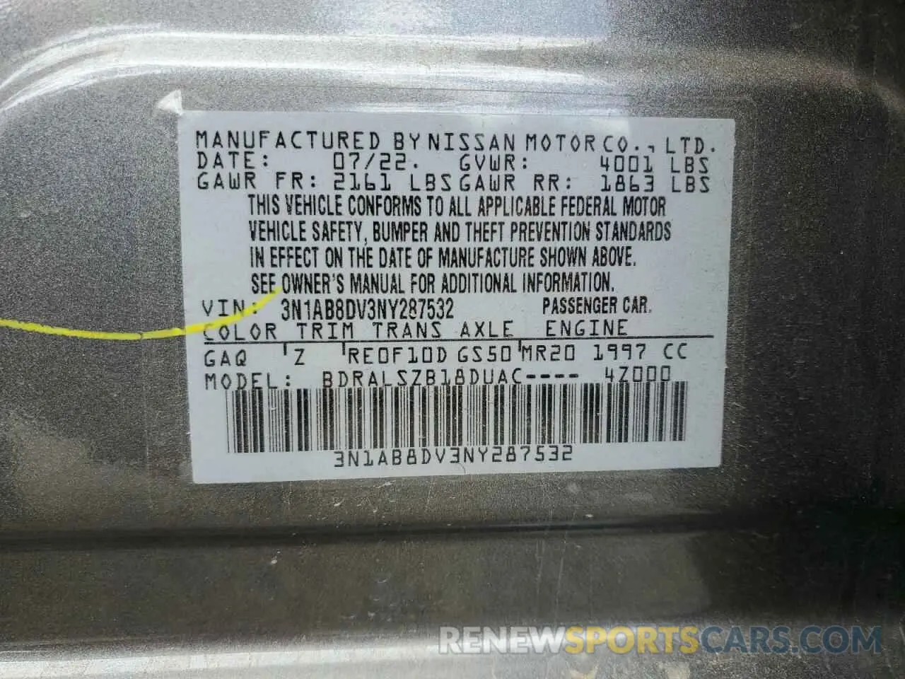 13 fotografías del automóvil dañado 3N1AB8DV3NY287532 NISSAN SENTRA 2022