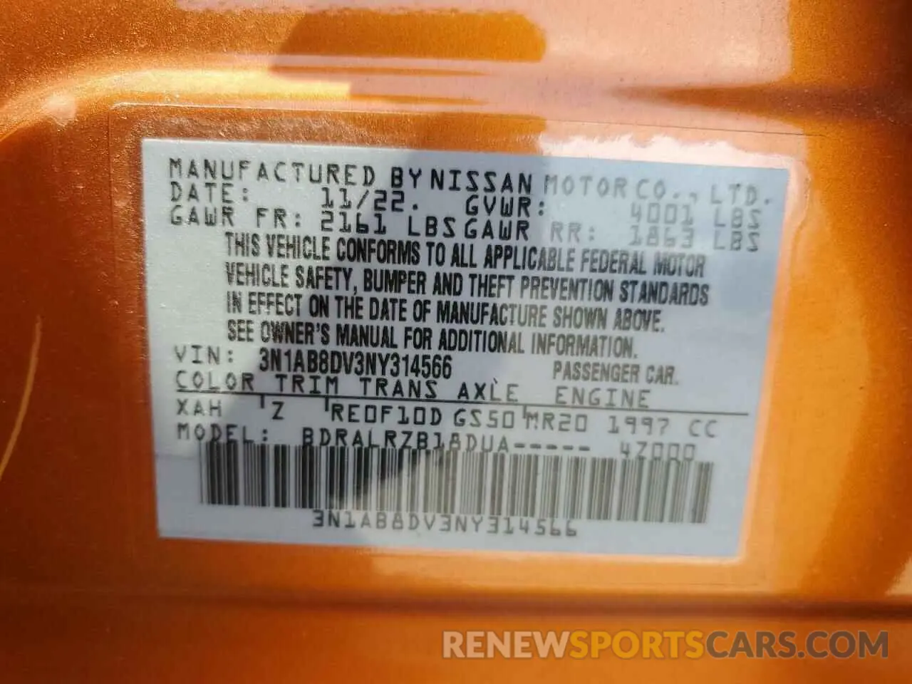 14 fotografías del automóvil dañado 3N1AB8DV3NY314566 NISSAN SENTRA 2022
