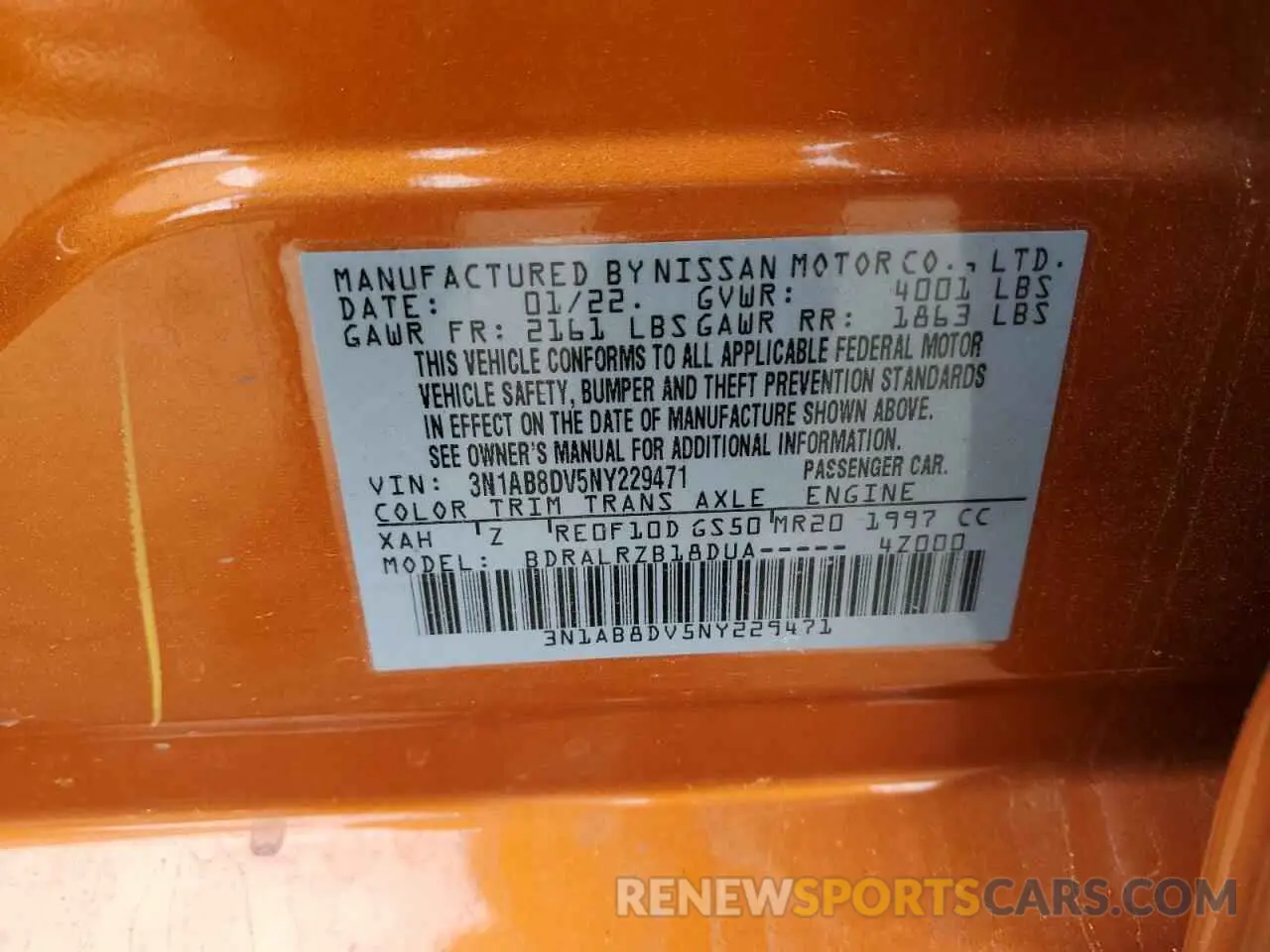 12 fotografías del automóvil dañado 3N1AB8DV5NY229471 NISSAN SENTRA 2022