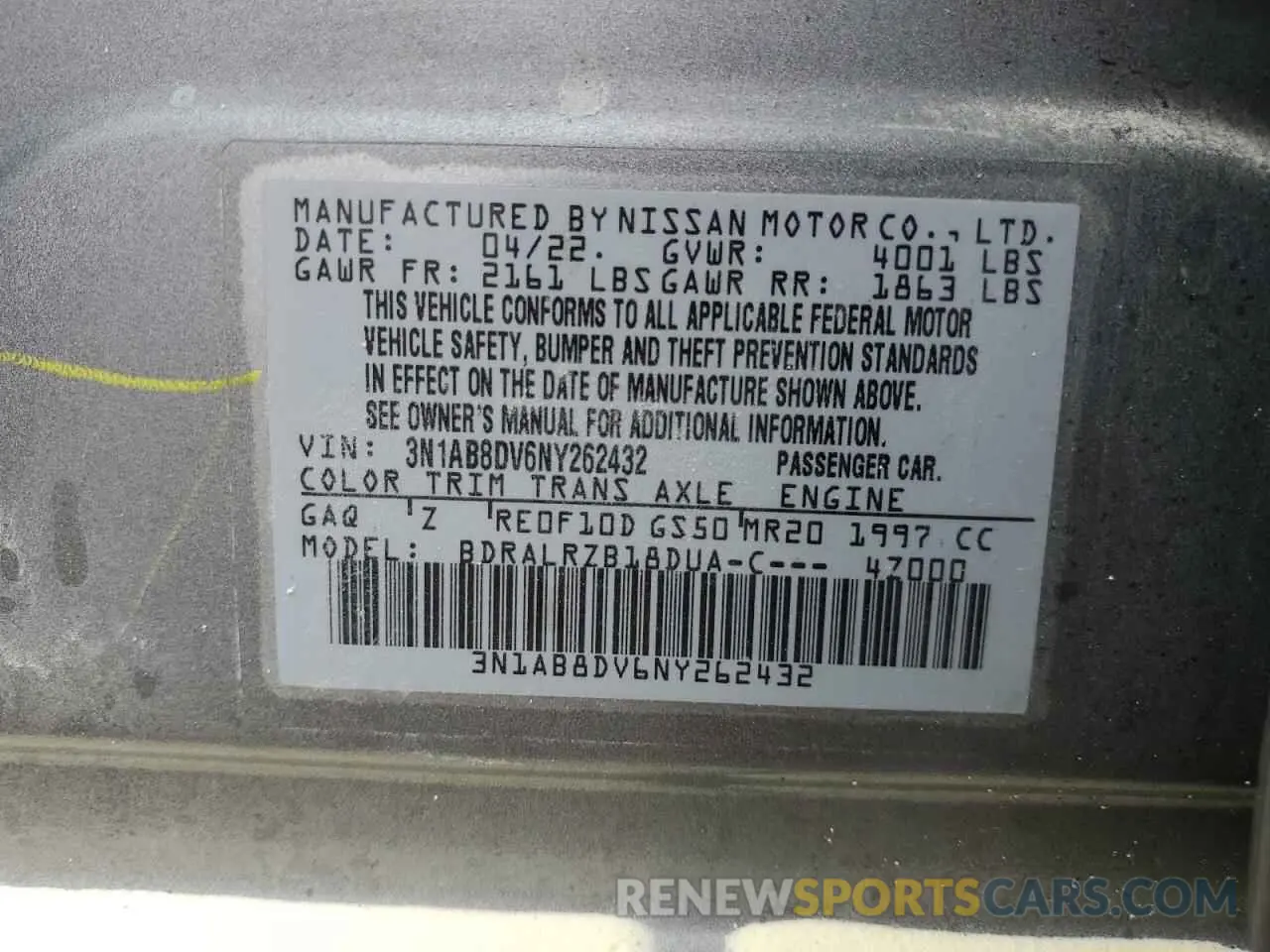 13 fotografías del automóvil dañado 3N1AB8DV6NY262432 NISSAN SENTRA 2022