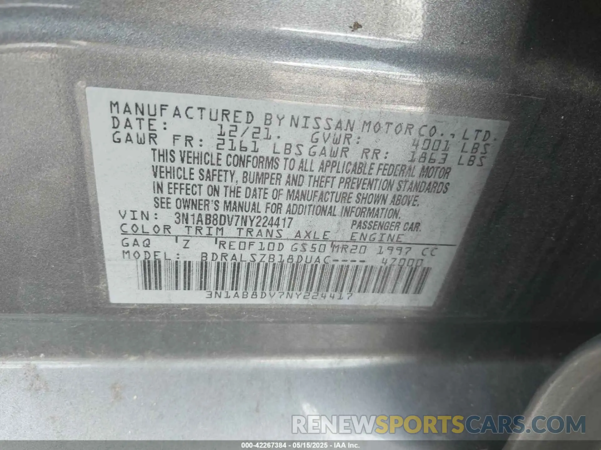 9 fotografías del automóvil dañado 3N1AB8DV7NY224417 NISSAN SENTRA 2022