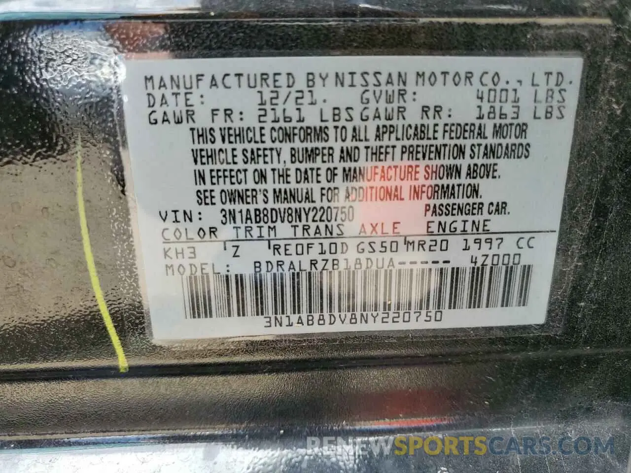 13 fotografías del automóvil dañado 3N1AB8DV8NY220750 NISSAN SENTRA 2022
