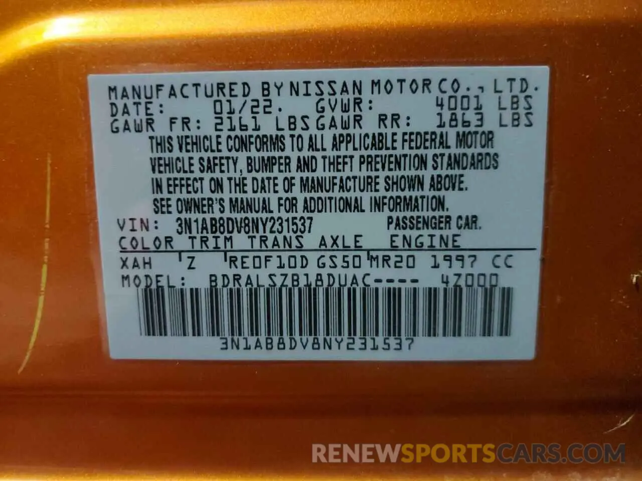 13 fotografías del automóvil dañado 3N1AB8DV8NY231537 NISSAN SENTRA 2022